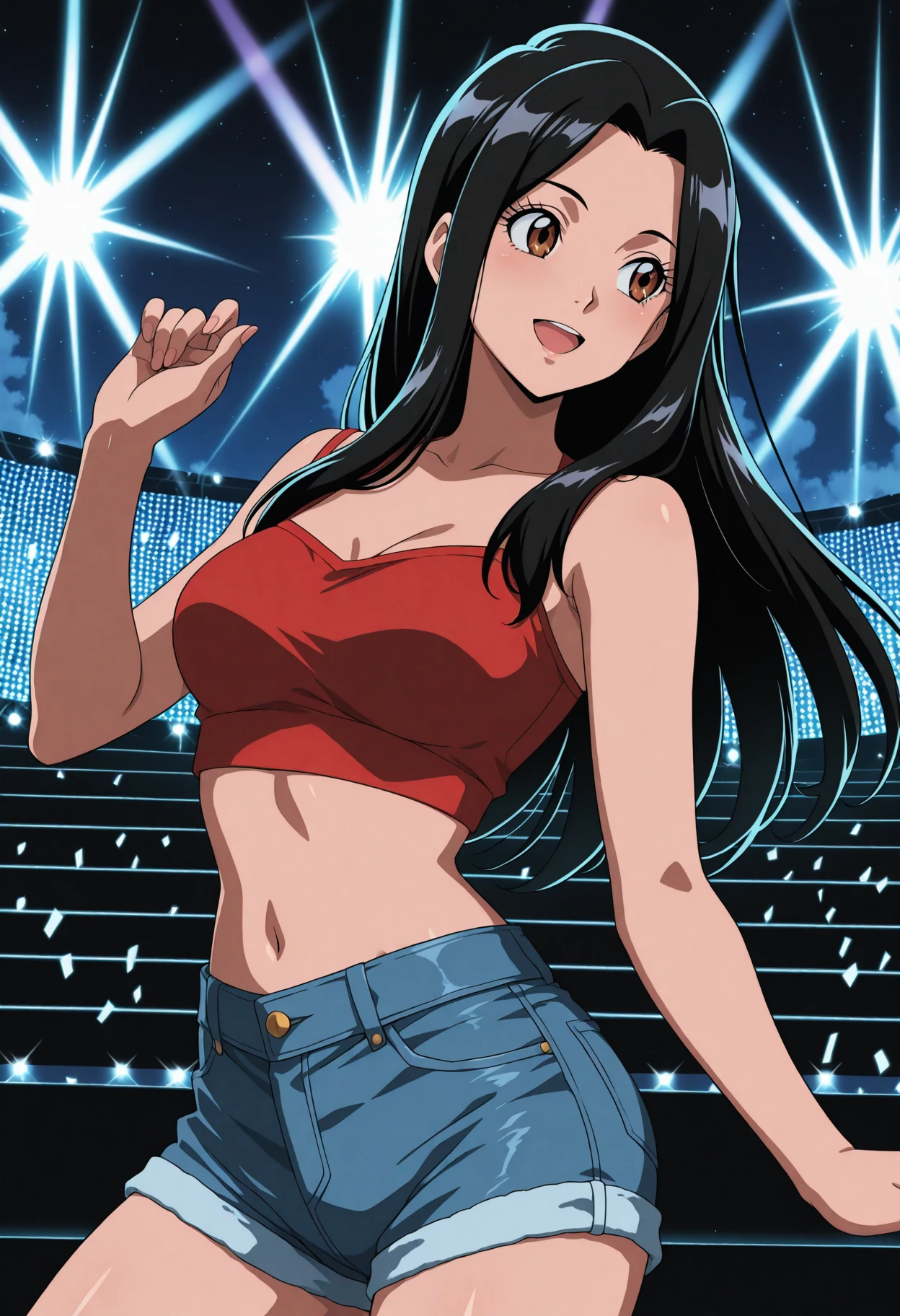 (best quality,4k,8k,highres,masterpiece:1.2), ultra-detailed, Animated, girl, mature face, long black hair, brown eyes, black hair, cool girl, flat girl, one shoulder sparkling dress, long hair one sided and wavy, very chic, makeup, smiling blushing, no bang, 