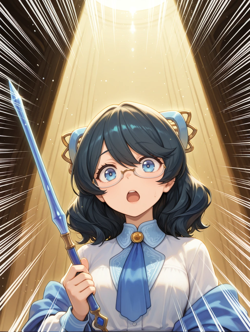 MiSolfachord Eliteia, 1girl, solo, open mouth, emphasis lines, looking at viewer, upper body, parody, hair ornament, white under-rim eyewear, blue necktie, blue shawl, white collared shirt, holding baton, conductor baton,
masterpiece,best quality,amazing quality,very aesthetic,absurdres,newest,scenery,extreme detail,8k,light particles,soft lighting,volumetric lighting,intricate details,finely detailed,<lora:MiSolfachord Eliteia illusXL v1:0.73>,