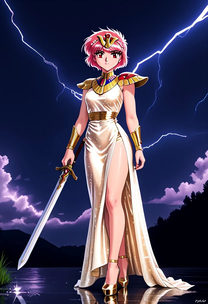 NFSW, Vibrant colors, detailed line drawing, ornate frame, dynamic composition, retro style, 90s style, magic knight rayearth, CLAMP style, [Hikaru Shidou] 1 girl, cute face, short hair, red hair, pink hair highlights, 1 braid, simple braid, very long braid, red eyes, slender body, medium breasts, (majestic, elegant, graceful, white dress, sheer dress, gold detailing dress, Ruby detailing dress, high slit dress, gold headband, high heels, gold heels, fitted bodice, Egyptian royalty style, fitted breastplate, molded to the female form, gold shoulder pads), only 1 sword, large sword, majestic sword, wielding 1 sword, golden hilt, ruby inlays, standing, confident pose, looking at the sky, outdoor background, dark night, purple clouds, lightning illumination, dark atmosphere, Highly detailed, intricate, sharp focus, 4k resolution