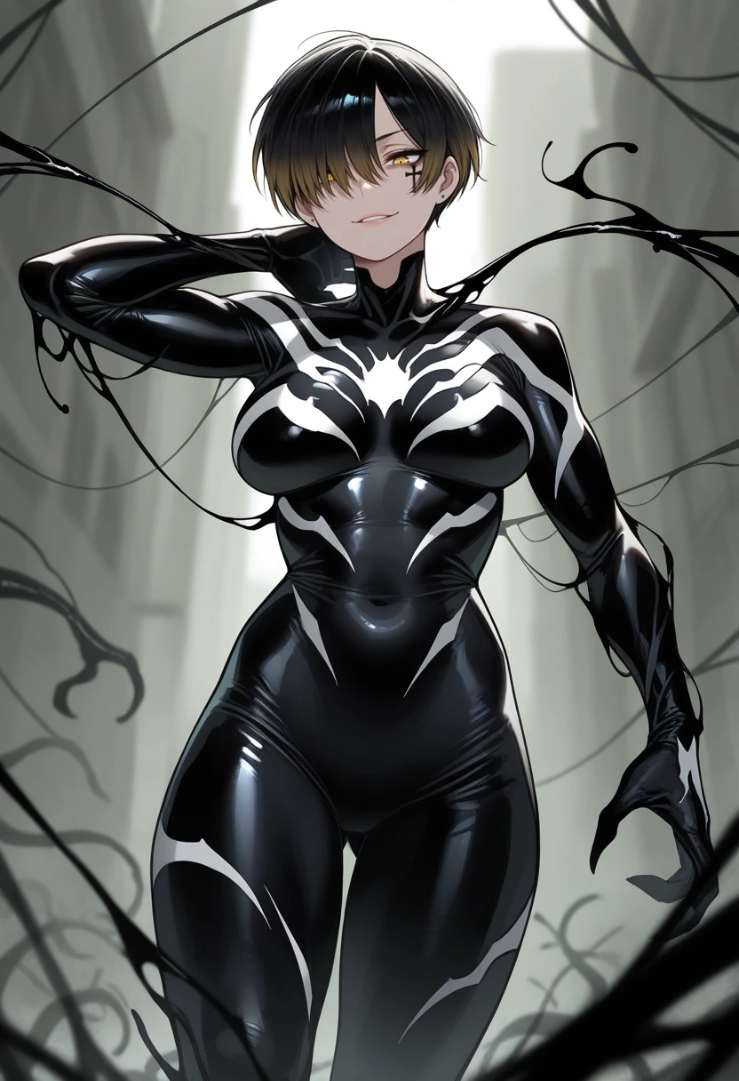 tmasterpiece,best qualityer,A high resolution,1人(femele),SH1,SpiderGwen,blond with short hair,mitts,full-body tights(Black),There is only one pattern(There is a white one on the chest&Large spider pattern),putting makeup on,standing on your feet,cow boy shot,(Tear clothes:1.2),(camel-toe, Vulvar shape:1.2),(Body parts, no extra limbs, precisely anatomy)