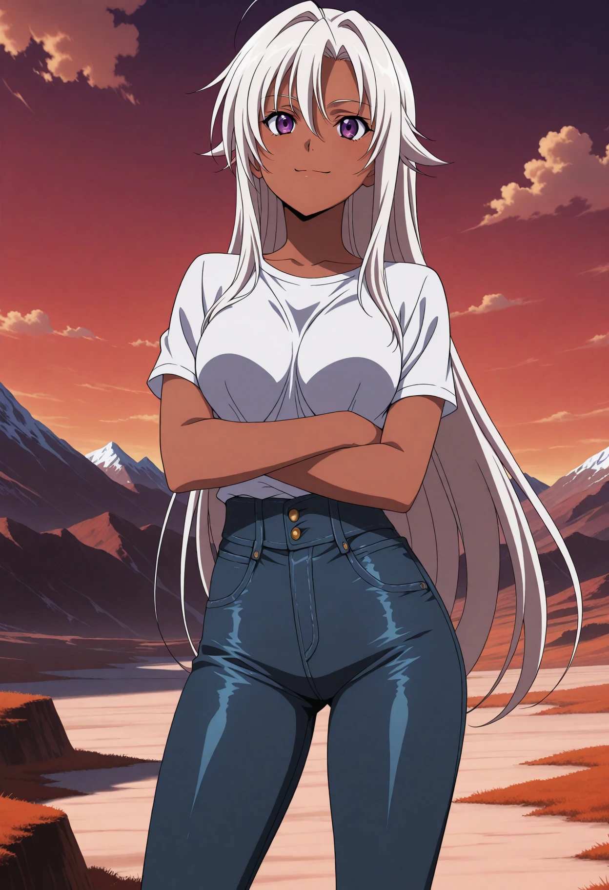 <lora:AnimeChar_8 - [Anime Custom Char] - IllustriousXL v1:1> sysdeep_AnimeChar_8, 1girl, solo, long hair, purple eyes, dark-skinned female, medium breasts, very long hair, white hair, hair intakes, straight hair, tight jeans, mountain overlook, standing with arms crossed, confident smile, anime coloring