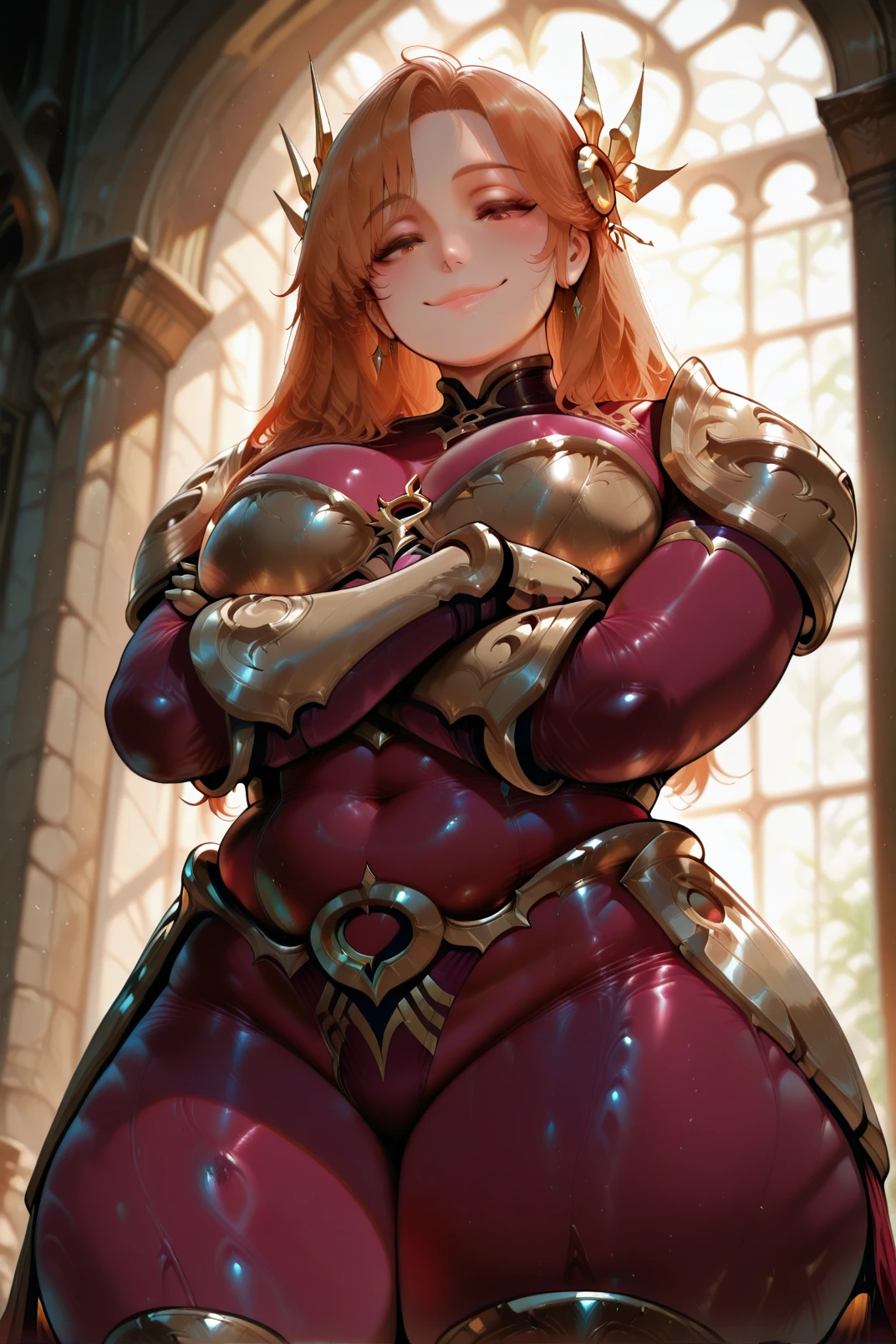 Lancer Artoria body (Alexis Texas Face), elegant adult female, blonde, green eyes (yellow eyelashes) crown, turtleneck, full body sitting on a bench, showing ass to me, RED breastplate, RED skin (1SologirlRED skin:1.2), looking at viewer, shiny, armor, thigh highs, high boots, pauldrons shoulder armor, faulds, poleyn, RED gloves gauntlets, rerebrace, RED military armored boots, yordle muscular lean platinum blonde long twin tails hairstyle at the bedroom lustful smirking smile face red blushed, blush, strong abs, female body builder, tiara, twin drills hair, (masterpiece, best quality, ultra detailed, best shadow)