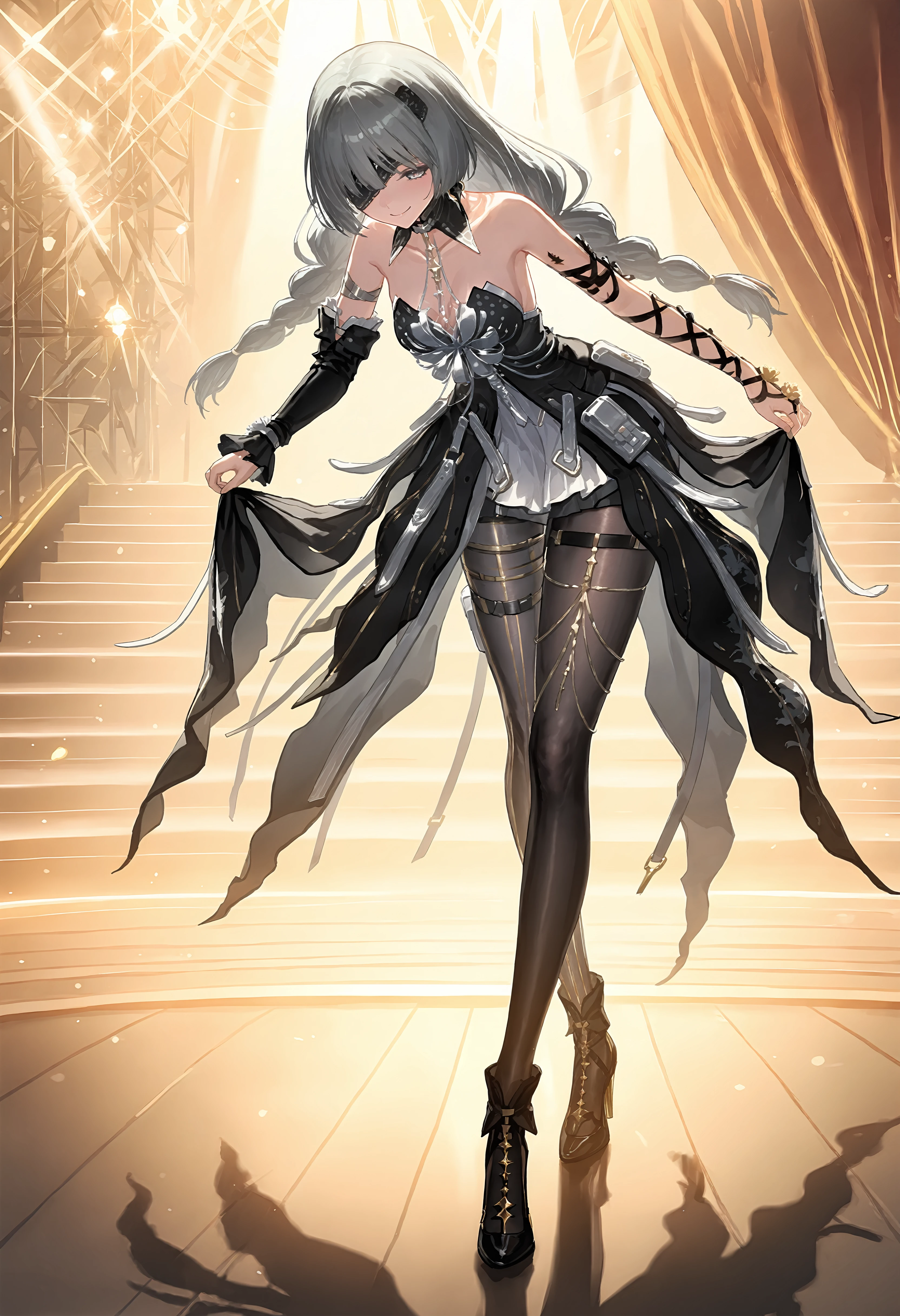 (STYLE & COMPOSITION:0)
1girl, black, full_body, red, sparkle, white, solo
(POSE & EXPRESSION:0)
(averting_eyes:1.1), (crying:1.2), (dancing:1.3), dynamic_pose, lonely, sad, (tears:1.2)
(CHARACTER:0)
(FACE:0)
animal_ears, animal_ear_fluff, bangs, collarbone, eyelashes, feather_boa, flowing_hair, fox_ears, (lace:1.2), lace_choker, lips, long_hair, makeup, pale_skin, red_dress, red_eyes, red_eyeshadow, red_flower, red_lips, (runny_makeup:1.2), shiny_hair, shiny_skin, silver_hair, very_long_hair, wet_hair, white_choker, white_hair
(PORTRAIT:0)
black_dress, breasts_apart, (lace_dress:1.2), small_breasts, tight_dress
(UPPER_BODY:0)
side_slit
(COWBOY_SHOT:0)
ankle_cuffs, (fox_tail:1.2), white_tail
(FULL_BODY:0)
barefoot
(NSFW:0)
(BACKGROUND:0)
checkered_floor, marble_floor
(EMBEDDINGS:0)