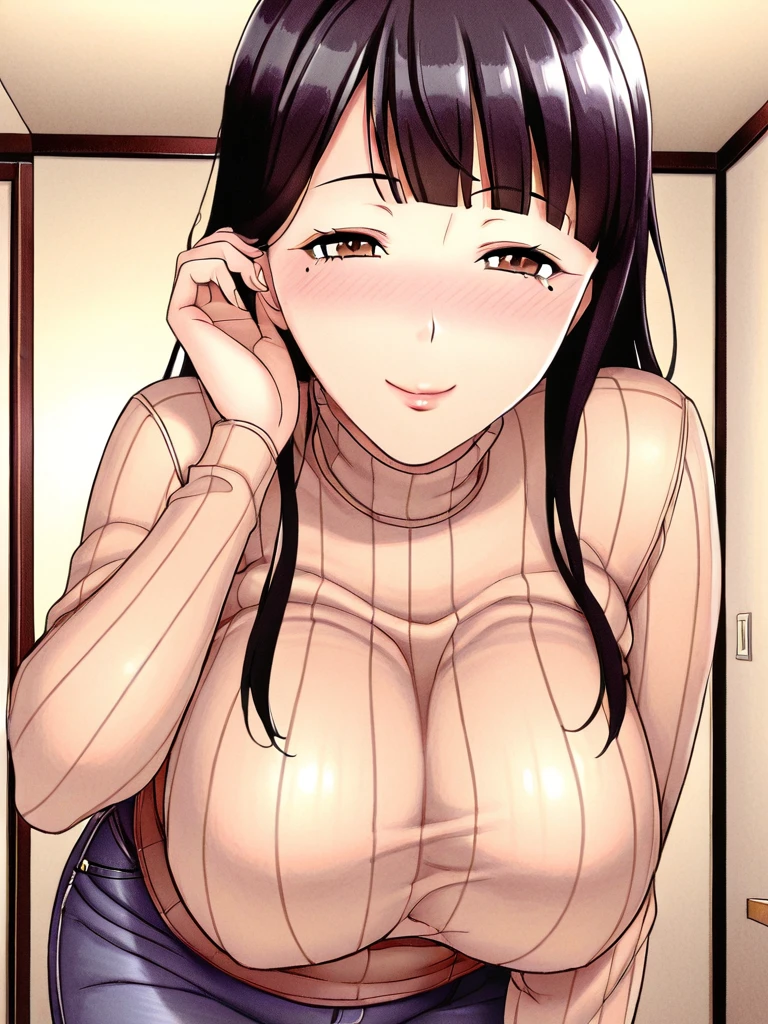Kouhai-chan,Cute , Sexy mature women, chubby cheek,sexy,realistic skin,realistic breast,huge saggy breast, nipple out,muted colours, cold lighting, pale white skin, mature women,black hair, long hair, (hair over one eye:1.4), Messy hair,hair between eyes ,sleepy eyes ,pucker lips,smeared lipstick,pubic hair pussy,dense pubic hair, cute shy blush on