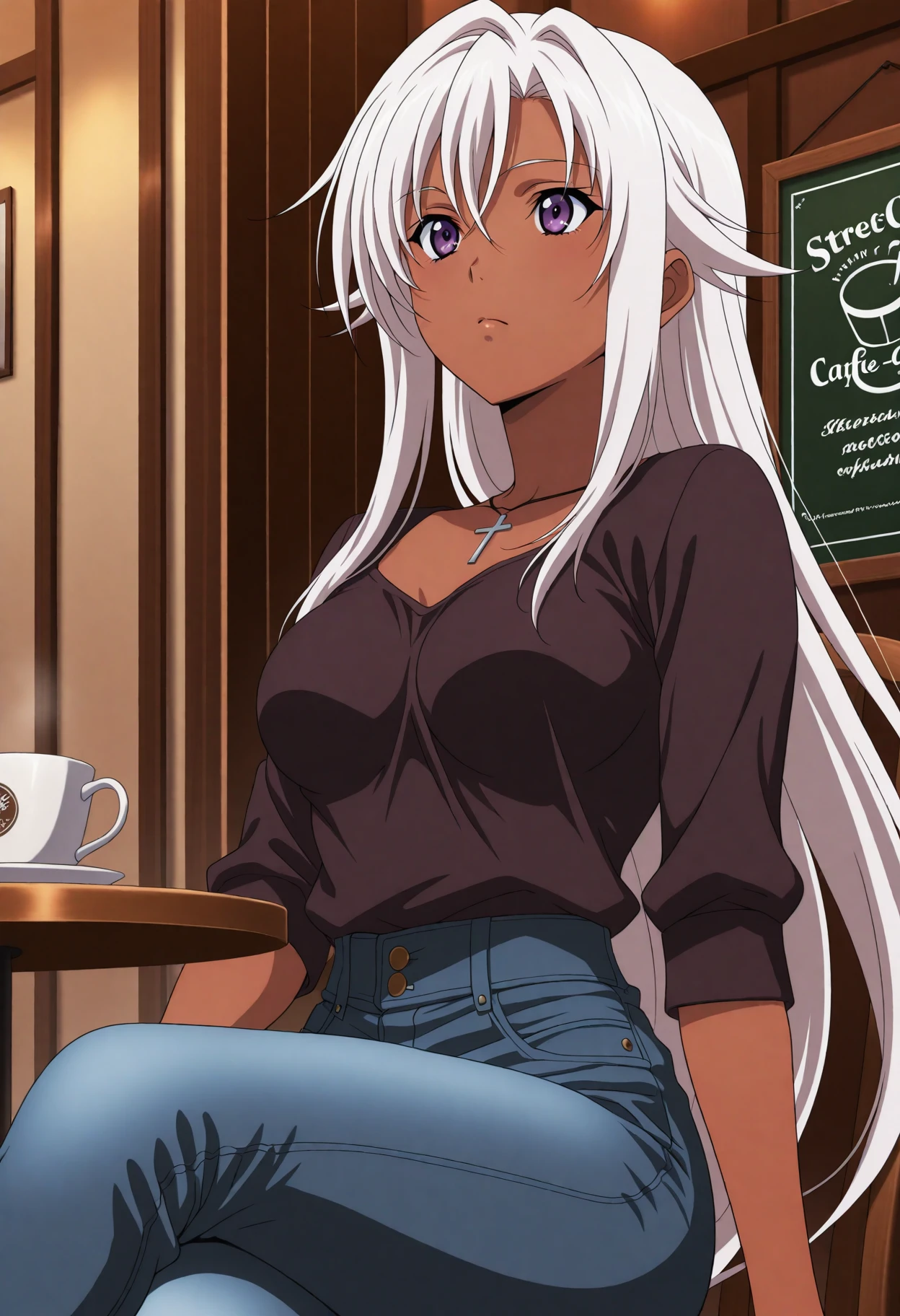 <lora:AnimeChar_8 - [Anime Custom Char] - IllustriousXL v1:1> sysdeep_AnimeChar_8, 1girl, solo, long hair, purple eyes, dark-skinned female, , very long hair, white hair, hair intakes, straight hair, Street cafe, loose top, jeans, sitting cross-legged on chair, casual mood, anime coloring