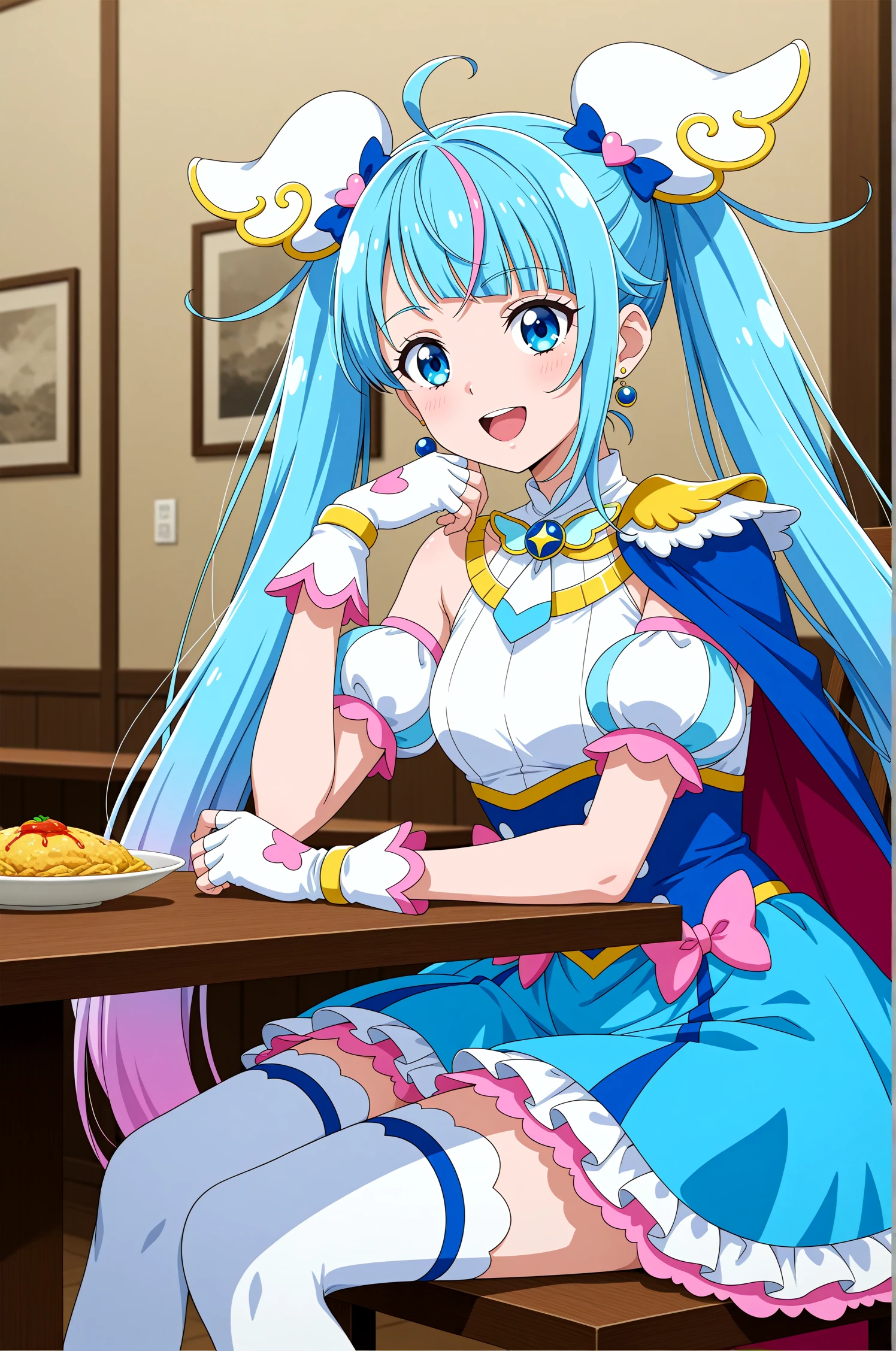 <lora:dmd2-lighting8step_cfg1.5:1>,official style,masterpiece,best quality,newest,very aesthetic,highly detailed,high resolution,absurdres,highres,depth of field,super detailed skin,very awa,Anime,anime coloring,anime screencap,<lora:Cure_Sky__V1.1:1>,cure sky,solo,blue eyes,blue hair,pink hair,long hair,very long hair,twintails,streaked hair,ahoge,multicolored hair,cut bangs,gradient hair,wing hair ornament,single sidelock,magical girl,earrings,single earring,wing brooch,brooch,jewelry,asymmetrical clothes,detached sleeves,bow,pink bow,two-sided fabric,two-sided cape,blue cape,red cape,cape,dress,blue dress,skirt,frills,white gloves,puffy detached sleeves,sleeveless,fingerless gloves,thighhighs,white thighhighs,open mouth,posing,smile,restaurant,sitting,