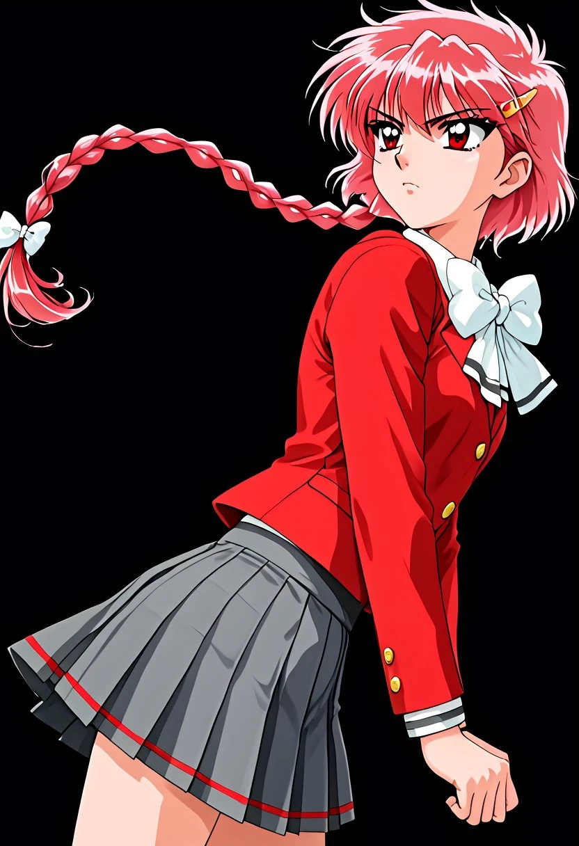 Vibrant colors, Detailed line drawing, Ornate frame, Dynamic composition, Retro style, 90s style, Magic knight rayearth, Clip art style, Solo, Torso, [hikaru shidou] 1 girl, Pretty face, Short hair, Red hair, Pink highlights, 1 braid, Very long braid, Single braid, Red eyes, Slender body, Medium breasts, (School uniform, Gray skirt, Pleated skirt, Red blazer, Long sleeves, Bow tie), Standing, Profile, Confident pose, Serious countenance, Clenched fists, Dark background