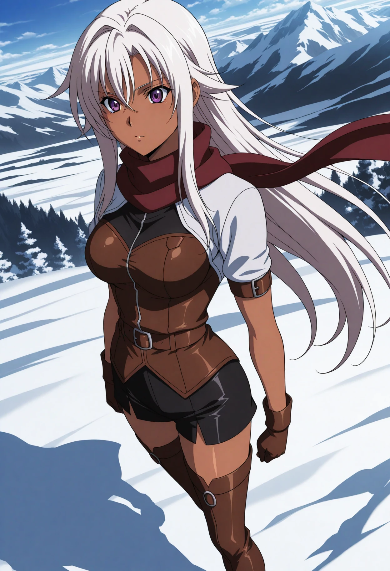 <lora:AnimeChar_8 - [Anime Custom Char] - IllustriousXL v1:1> sysdeep_AnimeChar_8, 1girl, solo, long hair, purple eyes, dark-skinned female, , very long hair, white hair, hair intakes, straight hair, leather boots, snow-covered landscape, scarf flowing in the wind, determined eyes, anime coloring