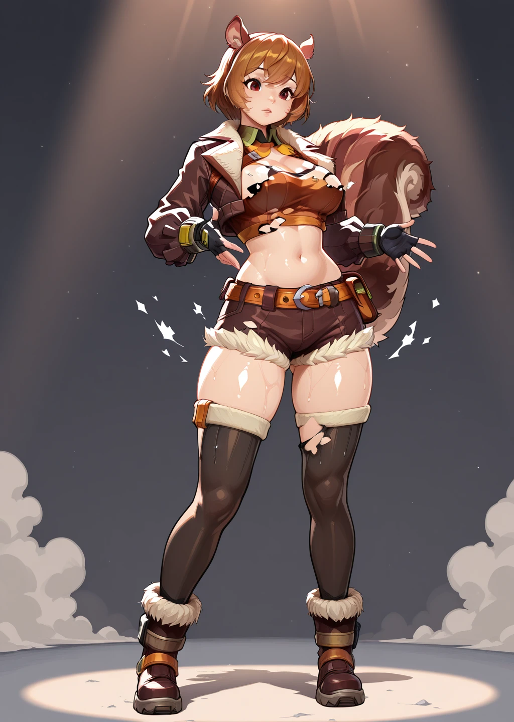 masterpiece, absurdres, textless version, perfect hands, best hands, best quality, detailed, high quality, BREAK, shiny skin, 1girl, <lora:Dissolving_Clothes_Illustrious:0.8> dissolve_clothes, standard dissolve, <lora:Squirrel_Girl_Marvel_Rivals_Illustrious:0.8> squirrel girl, squirrel tail, squirrel ears, brown hair, brown jacket, animal ears, black stockings, brown boots, fur boots, brown top, crop top,