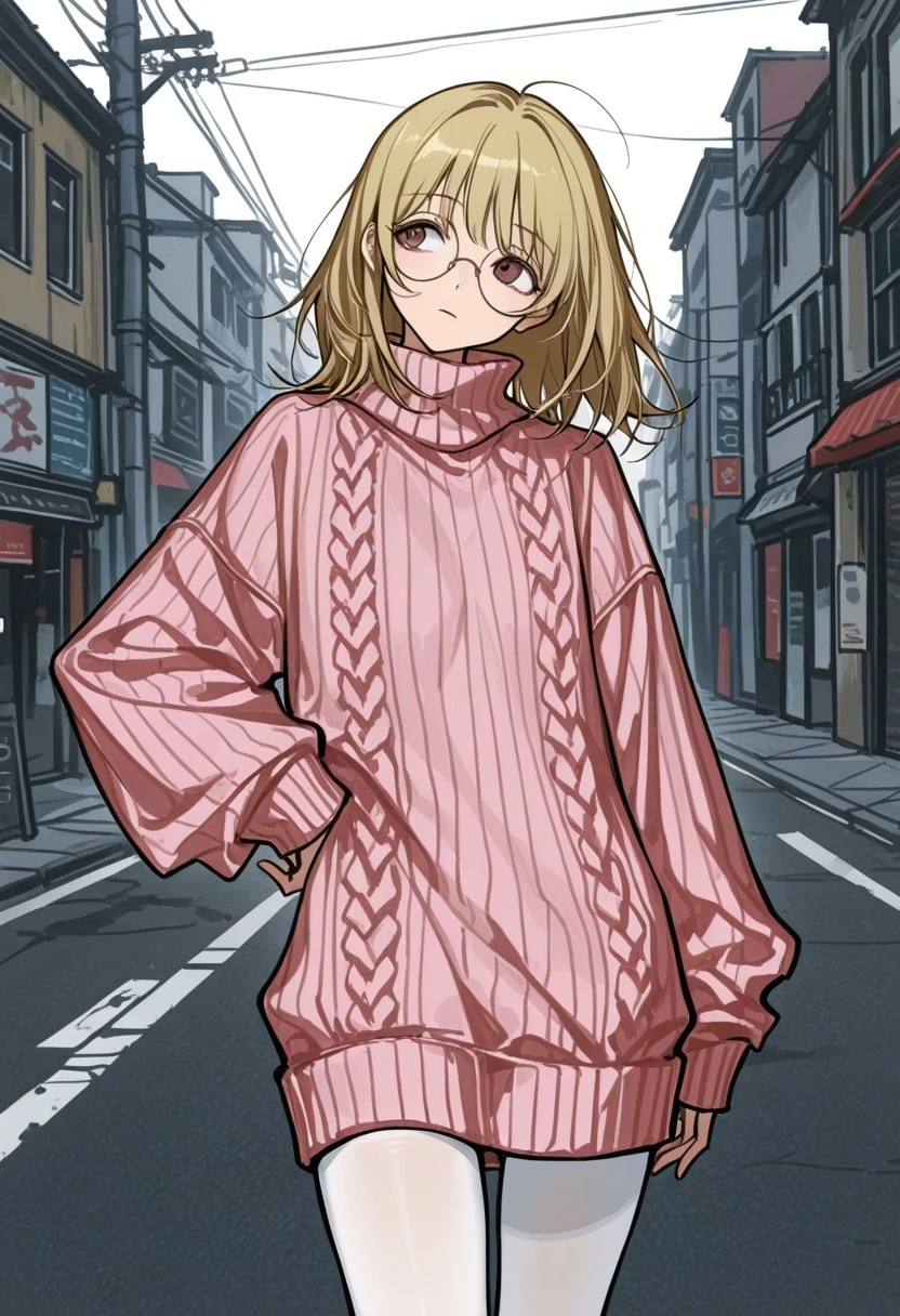 juerucj, best quality, street, solo, pose, street, 1girl, blonde hair, medium hair, round eyewear, pink turtleneck sweater, oversized sweater, white tights, hand on hip, looking to the side, head tilt