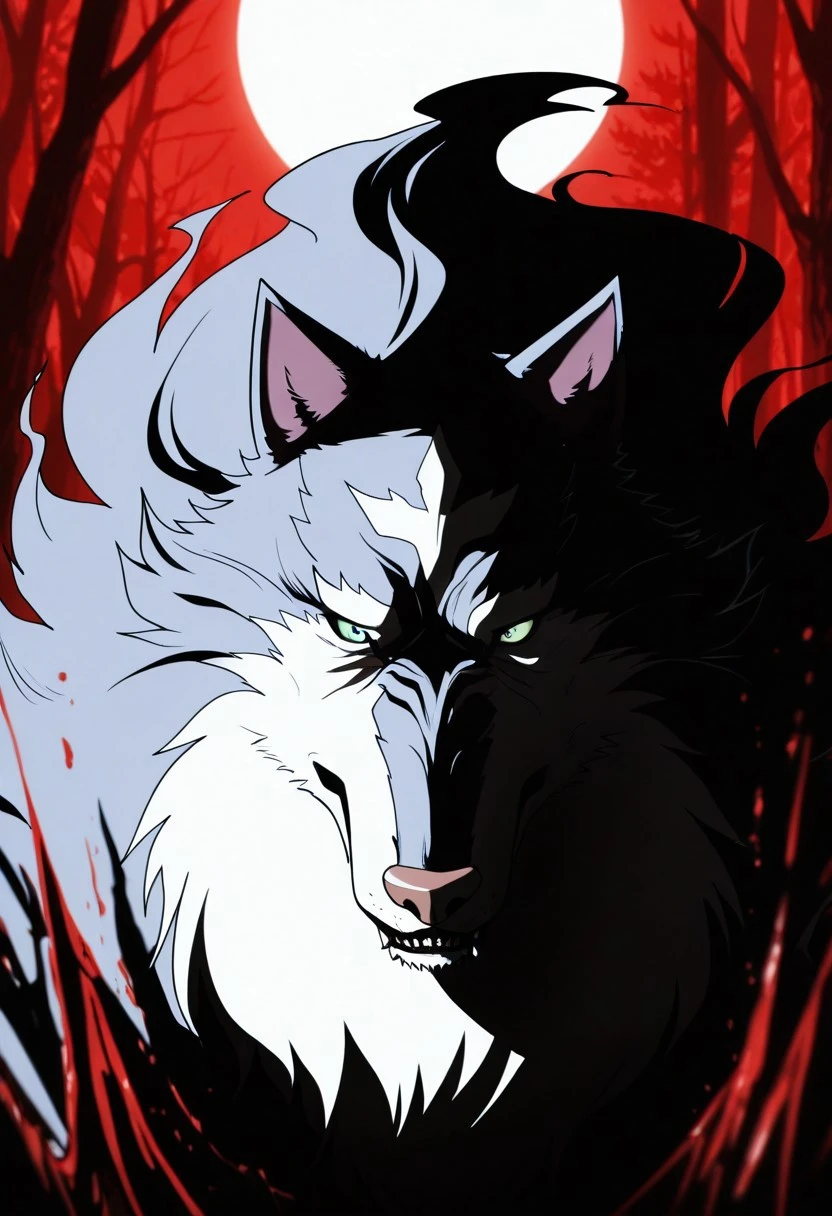 high contrast, shadow, red theme, limited palette, full moon, City alleyway, very detailed, highly detailed face, perfect face, perfect eyes, depth of field, perfect soft lighting, best shadows, perfect reflections, volumetric, detailed image, masterpiece, best quality, amazing quality, depth of field,   very awa, masterpiece, best quality, absurdres, newest, perfect quality, detailed background, intricate details, depth of field,  volumetric, detailed image, high resolution, solo, male, furry male, feral, solo, wolf, grey fur, white fur, two-tone fur, green sclera, blue eyes, forehead mark, pink nose, pointed ears, purple inner-ears, sharp teeth, fangs, blood dropping from maw, red paws, sharp nails, long tail, tall, manly, bara, muscular  pecs, masculine, forest, standing,   speedo, looking at viewer, raging look, furious, dynamic poses,
<lora:NOOB_vp1_detailer_by_volnovik_v1:1> <lora:StS-Illustrious-Detail-Slider-v1.0:1.5> <lora:cfg_scale_boost:0.4>