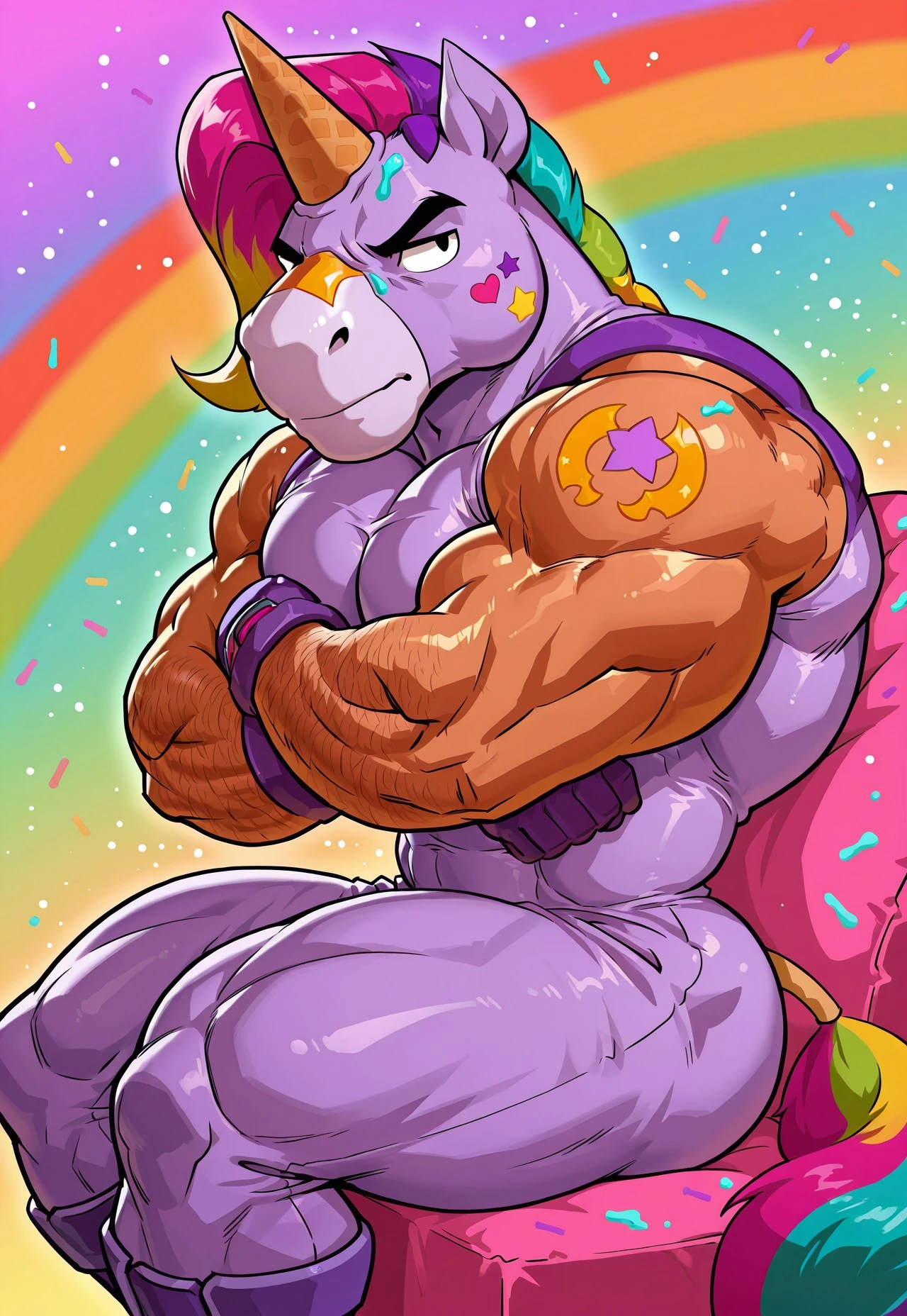 partial nudity, hairy body, beefy chubby male human, stubble, loincloth, ((from behind, balls,), butt, huge rainbow waves, stellar background, floating crystals, light particles, (jewelry), wings tatoo, futuristic hair, upper golden armor, smile