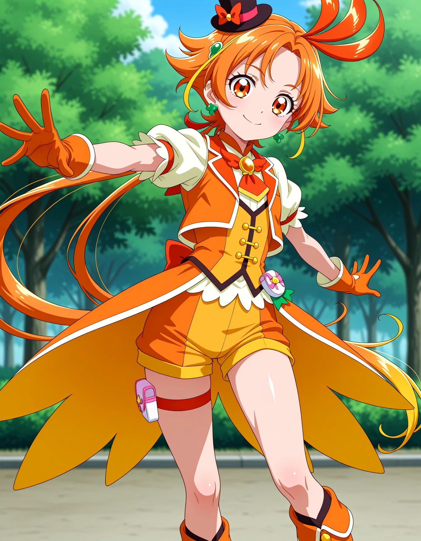 <lora:dmd2-lighting8step_cfg1.5:1>,official style,masterpiece,best quality,newest,very aesthetic,highly detailed,high resolution,absurdres,highres,depth of field,super detailed skin,very awa,Anime,anime coloring,anime screencap,<lora:Cure_Wing__V2:1>,cure wing,solo,orange hair,multicolored hair,ponytail,bow orange eyes,hair ornament,top hat,mini hat,vest,skirt,streaked hair,puffy short sleeves,thigh strap,mini top hat yellow gloves,puffy sleeves,short sleeves,shorts,orange glooves,mini top hat,black headwear,orange shorts,krange gloves,brooch,boots,magical boy,smile,park,posing,