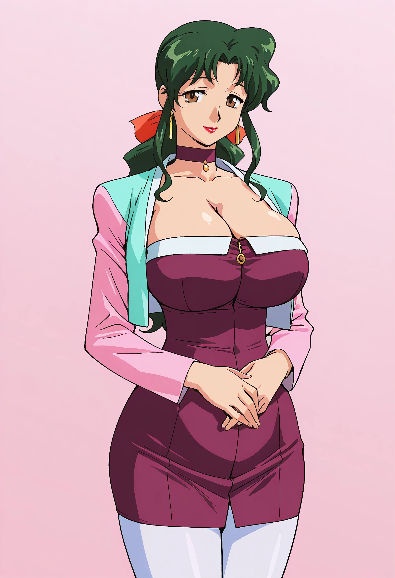 "(masterpiece:1.1), best quality, NSFW,
1girl, gyaru, (80s anime style:1.4),
(purple hair:1.1),
(hair slicked back:1.2), (twintails:1.1),
blue eyes, (thick eyebrows:1.1),
(curvy body:1.2), (gigantic breasts:1.3),
(grin:1.2), open mouth,
(school uniform, skirt, midriff peek:1.1), (cleavage cutout:1.1),
belts, tattoo, collar, hair ornament,
standing, hand on hip,
upper body,
(daytime, classroom:1.2)"