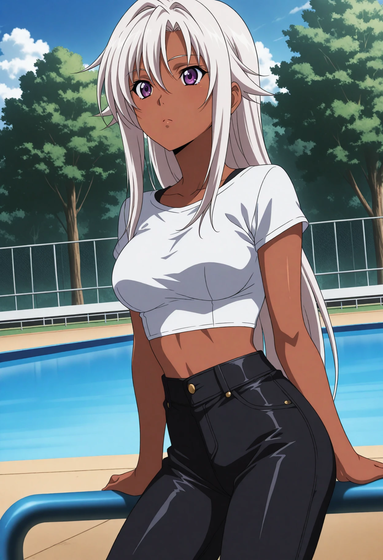 <lora:AnimeChar_8 - [Anime Custom Char] - IllustriousXL v1:1> sysdeep_AnimeChar_8, 1girl, solo, long hair, purple eyes, dark-skinned female, , very long hair, white hair, hair intakes, straight hair, tight crop top, skatepark, sitting on board, casual charm, anime coloring