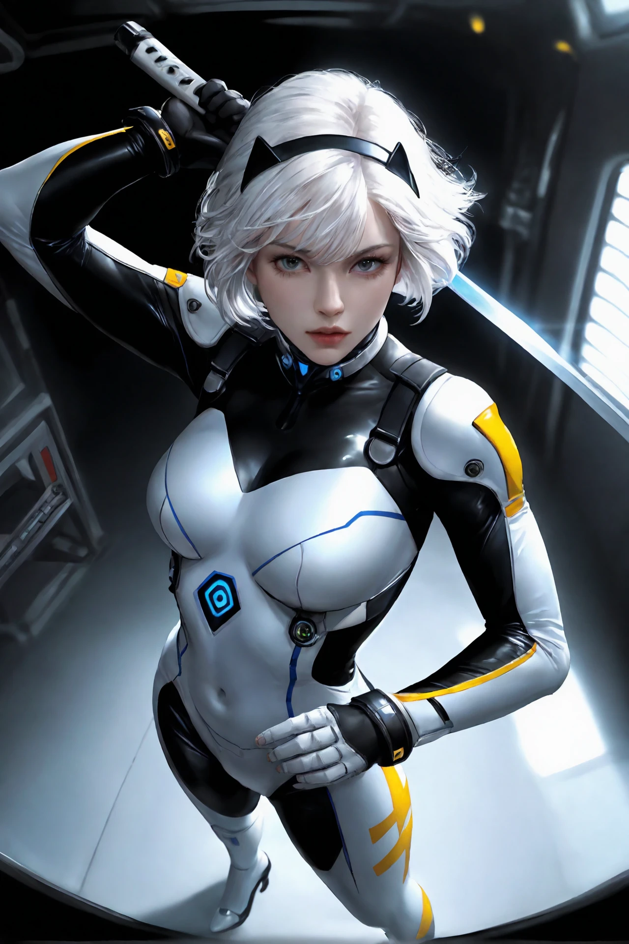 (best quality,8k:1.2,high resolution:1.2),ultra-detalhado,Realistic,retro science fiction female superhero,white short hair,rosto extremamente detalhados,long eyelashes,shiny metalic chrome armour, Apertado,pantyhose,gloves,Physically-based rendering,foco nítido,white studio lighting