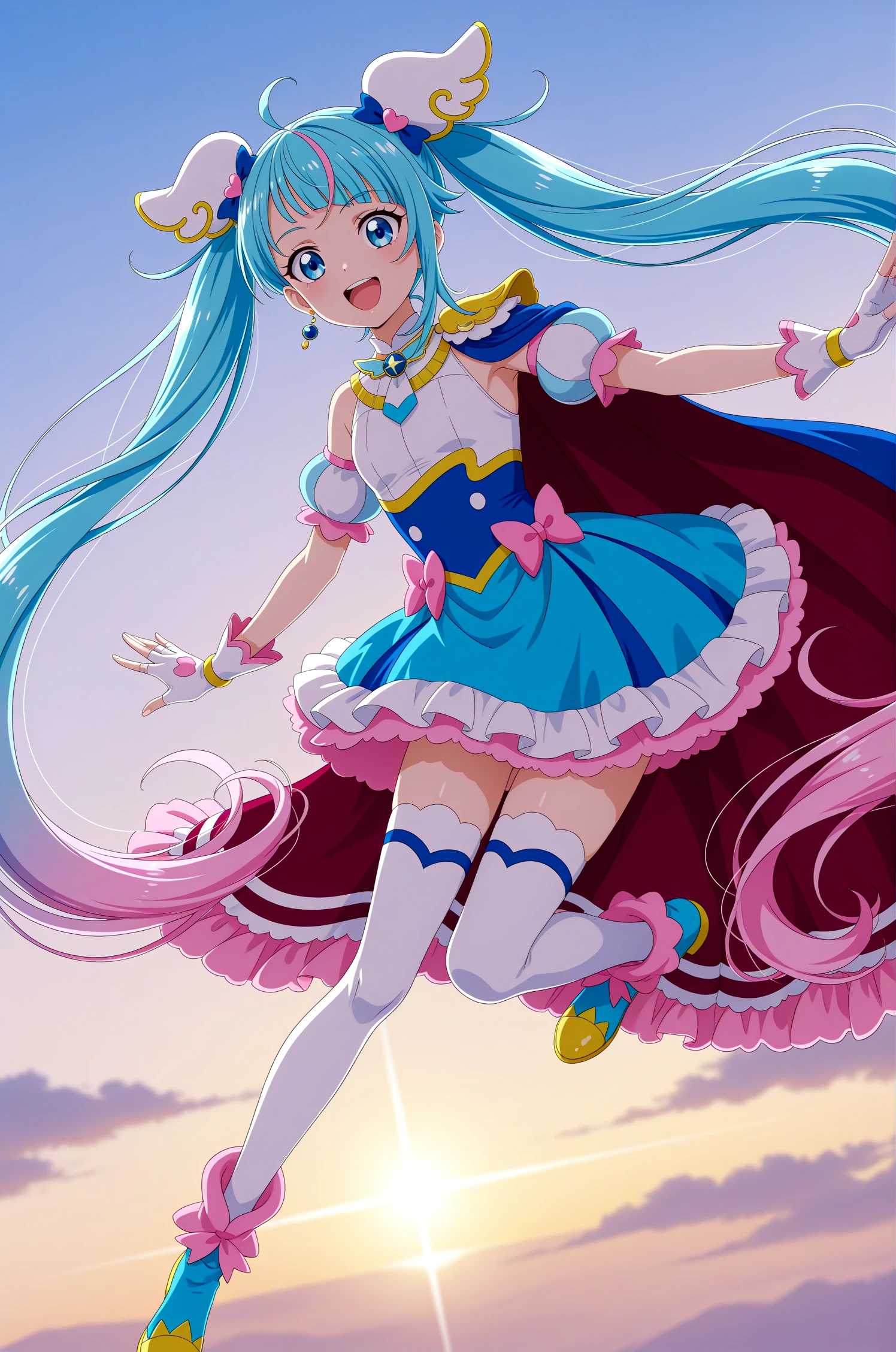 <lora:dmd2-lighting8step_cfg1.5:1>,official style,masterpiece,best quality,newest,very aesthetic,highly detailed,high resolution,absurdres,highres,depth of field,super detailed skin,very awa,Anime,anime coloring,anime screencap,<lora:Cure_Sky__V1.1:1>,cure sky,solo,blue eyes,blue hair,pink hair,long hair,very long hair,twintails,streaked hair,ahoge,multicolored hair,cut bangs,gradient hair,wing hair ornament,single sidelock,magical girl,earrings,single earring,wing brooch,brooch,jewelry,asymmetrical clothes,detached sleeves,bow,pink bow,two-sided fabric,two-sided cape,blue cape,red cape,cape,dress,blue dress,skirt,frills,white gloves,puffy detached sleeves,sleeveless,fingerless gloves,thighhighs,white thighhighs,sky background,flying,smile,open mouth,posing,
