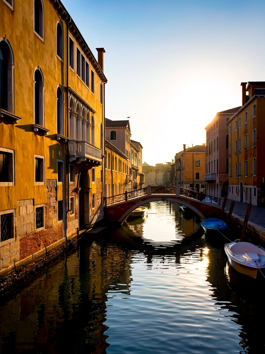 Cinematic photo. A photograph of a canal in Venice, Italy, taken from a narrow canal with a bridge crossing over it. The canal is calm and still, reflecting the warm, golden light of the setting sun. On either side of the canal, old, dilapidated buildings line both sides, with a few boats moored nearby. The sky is a hazy blue, with the sun setting in the distance, casting a golden glow over the scene. The water is still and reflects the warm colors of the sky, creating a peaceful and serene atmosphere. The overall mood is quiet and tranquil, evoking a sense of tranquility and tranquility.