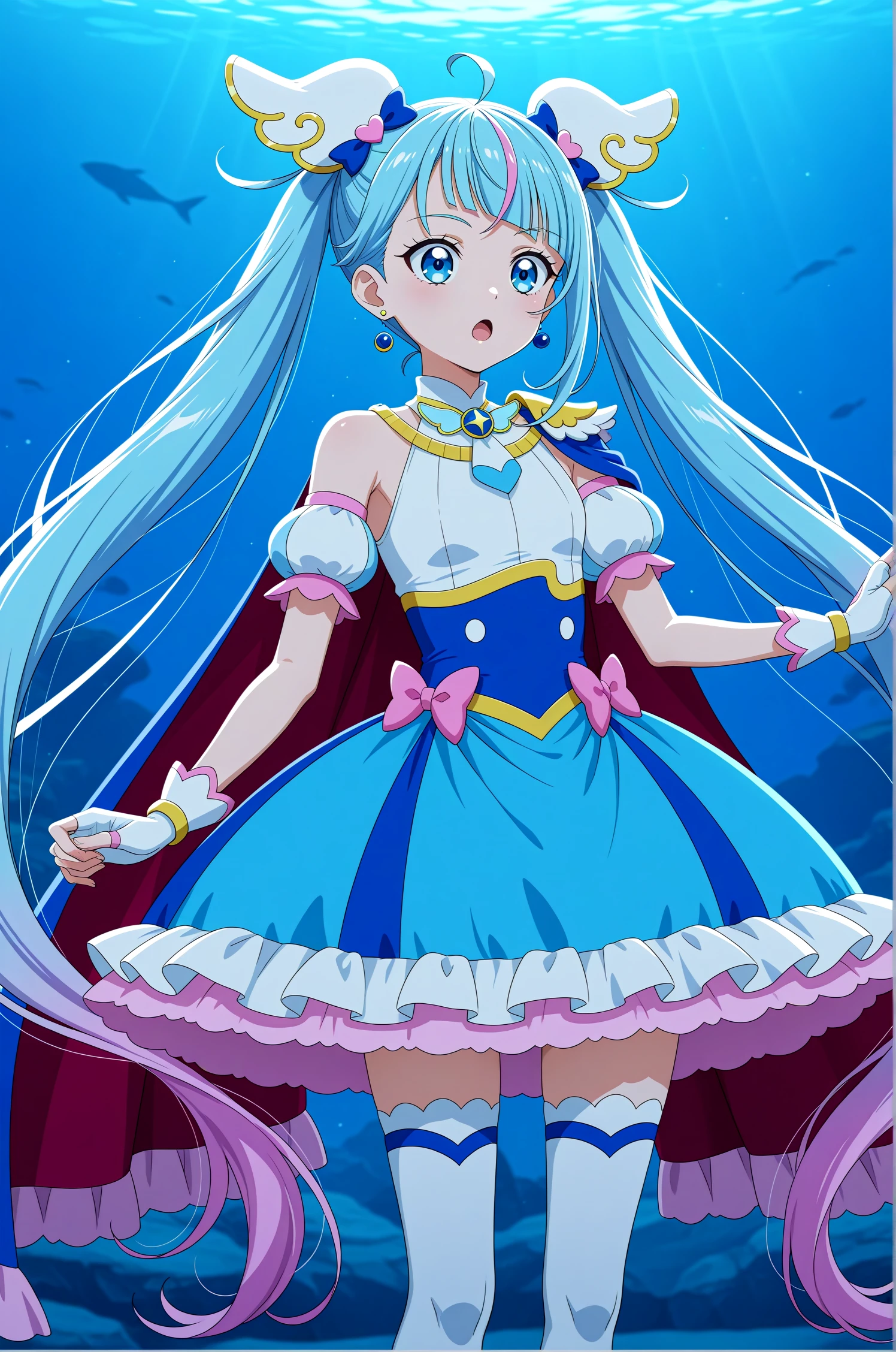 <lora:dmd2-lighting8step_cfg1.5:1>,official style,masterpiece,best quality,newest,very aesthetic,highly detailed,high resolution,absurdres,highres,depth of field,super detailed skin,very awa,Anime,anime coloring,anime screencap,<lora:Cure_Sky__V1.1:1>,cure sky,solo,blue eyes,blue hair,pink hair,long hair,very long hair,twintails,streaked hair,ahoge,multicolored hair,cut bangs,gradient hair,wing hair ornament,single sidelock,magical girl,earrings,single earring,wing brooch,brooch,jewelry,asymmetrical clothes,detached sleeves,bow,pink bow,two-sided fabric,two-sided cape,blue cape,red cape,cape,dress,blue dress,skirt,frills,white gloves,puffy detached sleeves,sleeveless,fingerless gloves,thighhighs,white thighhighs,open mouth,aquarium,