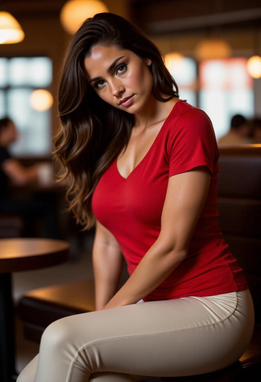 The image shows a beautiful 40-year-old woman with tanned white skin and brown hair, ((((extremely low-cut red tank top)))) and ((((white micro shorts)))), sitting at a table with a cup of coffee and a cell phone, sitting in a cafe, 45-year-old woman, drinking coffee, woman drinking coffee, drinking a coffee, sitting at a table, breakfast in Olímpia São Paulo, sitting alone in a cafe, in a coffee shop, sitting at a mocha-colored table, 35-year-old Brazilian mother. She is wearing an extremely low-cut red tank top.
She is about 40 years old, 165 cm tall and weighs 56 kg. Woman with tanned white skin and dark brown hair. Slim body, thin waist. Highly realistic skin, very elaborate and perfect face. She has a perfect mouth, a perfect face. Slim body, thin waist. Highly realistic, hyperrealism, highly elaborate skin, perfect face. Sharp photo, high resolution, high quality, masterpiece, 16K photo, high contrast, ((Masterpiece, best quality)), full body view, detailed skin, highly detailed, cinematic lighting, ultra realistic, dark brown hair, medium hair, portrait, full body view, contrast, close-up, cinematic light, ultra high resolution, RAW.
Highly realistic, hyperrealism, highly crafted skin, sharp photo, high resolution, high quality, masterpiece, 16K photo, high contrast, masterpiece, nude, naked, NSFW.