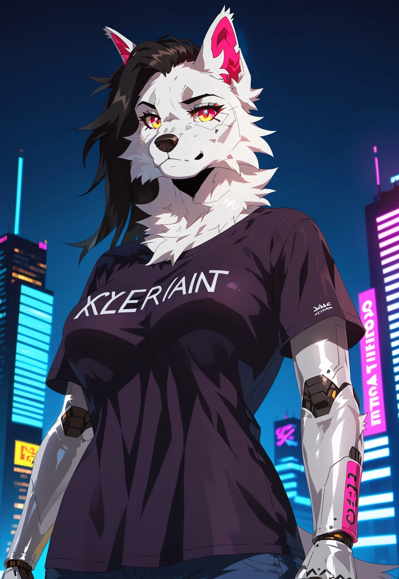 2girls, doing anything, any pose, massive breasts and hips and butt, fur color and pattern, any eye color [Heterochromia allowed], ((Fluffy fur and tail)), full face blush, any expression, doing anything, any pose, rooftops, night, cat, any weapon, sci fi, armed or unarmed, undersized maid outfit, cat