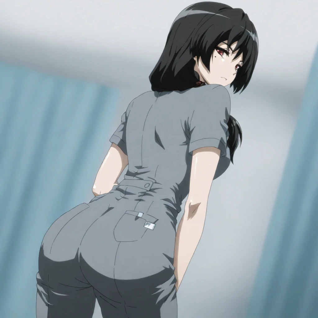 White gloves, red eyes, white jacket, white skirt, best quality, masterpiece, Highly detailed, illustration, absurdres, white military uniform, white uniform, white hat, solo, 1girl, expressionless, blank eyes, looking at viewer, emotionless, corruption, mind control, female combatant, full body, hypnotized, unhappy trance, perfect female body, extremely glossy latex, belt, hypnosis, hypnoLora, empty eyes, Mind control device, thigh high, Bleach, Quincy, thighhighs, tight miniskirt, hair ornament, kotomi takanashi, black hair, black eyes, short hair, large breast, huge breast, (((from back, ass, from behind, looking from back, view from back)))