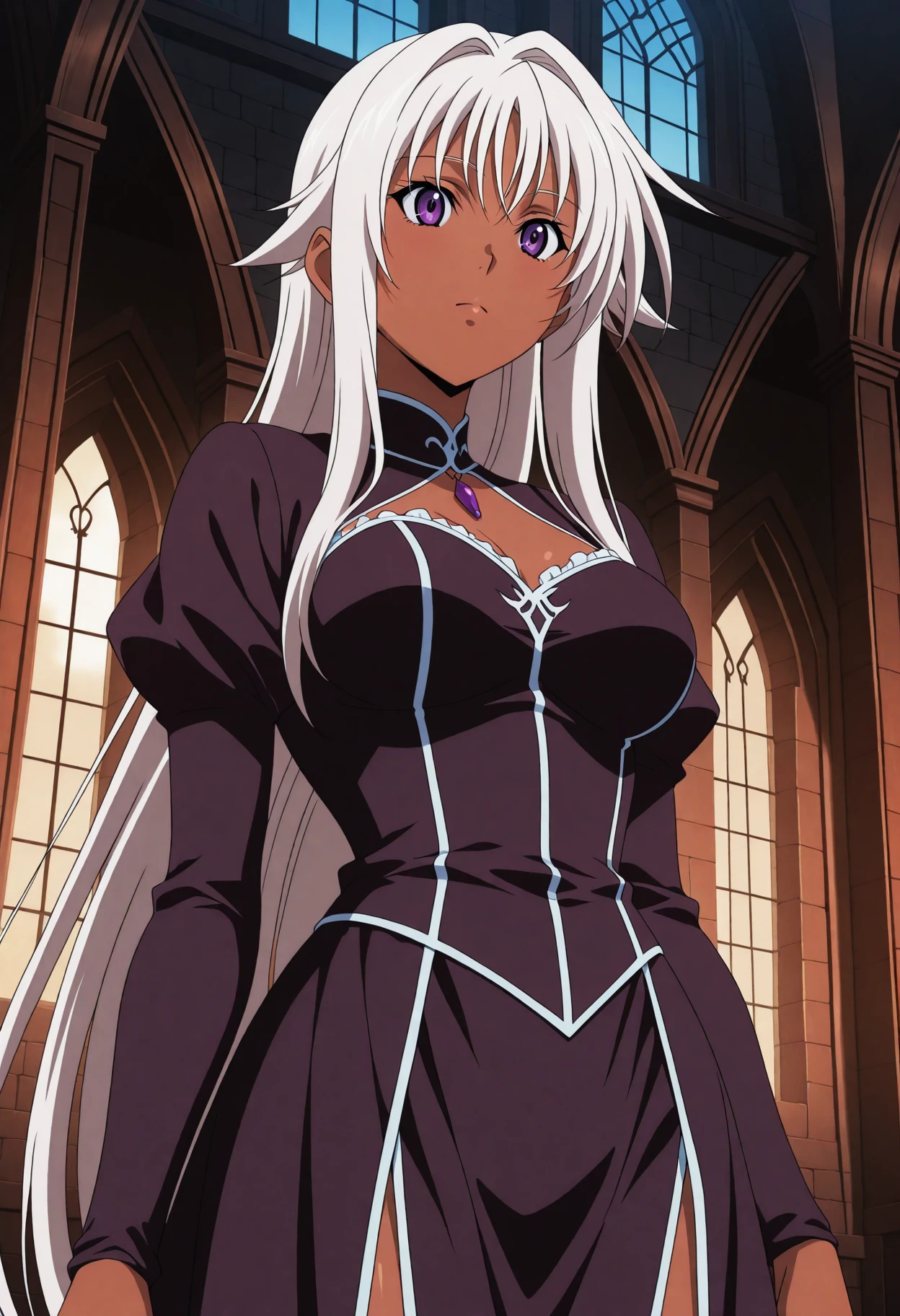 <lora:AnimeChar_8 - [Anime Custom Char] - IllustriousXL v1:1> sysdeep_AnimeChar_8, 1girl, solo, long hair, purple eyes, dark-skinned female, , very long hair, white hair, hair intakes, straight hair, long train dress, misty castle courtyard, poised and elegant, anime coloring