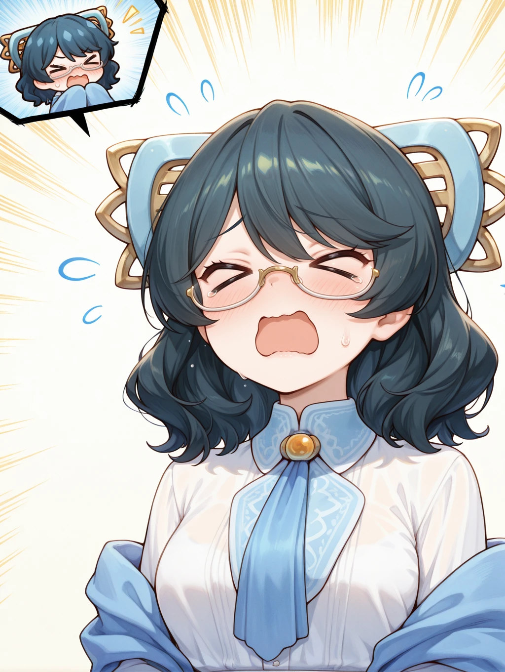 MiSolfachord Eliteia, 1girl, solo, > <, blush, open mouth, closed eyes, wavy mouth, card, flying sweatdrops, white background, simple background, upper body, hair ornament, white under-rim eyewear, blue necktie, blue shawl, white collared shirt,
masterpiece,best quality,amazing quality,very aesthetic,absurdres,newest,scenery,extreme detail,8k,light particles,soft lighting,volumetric lighting,intricate details,finely detailed,<lora:MiSolfachord Eliteia illusXL v1:0.73>,