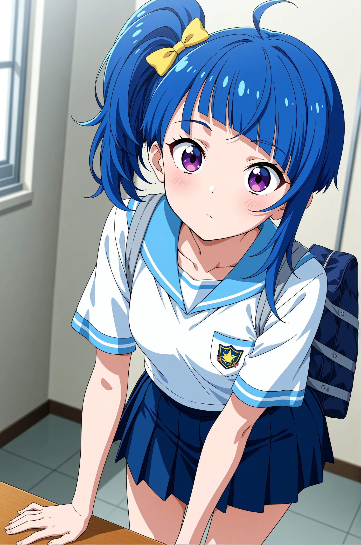 <lora:dmd2-lighting8step_cfg1.5:1>,official style,masterpiece,best quality,newest,very aesthetic,highly detailed,high resolution,absurdres,highres,depth of field,super detailed skin,very awa,Anime,anime coloring,anime screencap,<lora:Cure_Sky__V1.1:1>,sora harewataru,purple eyes,blue hair,side ponytail,ahoge,yellow bow,single sidelock,diagonal bangs,small breasts,bow,hair bow,school_uniform,pleated_skirt,