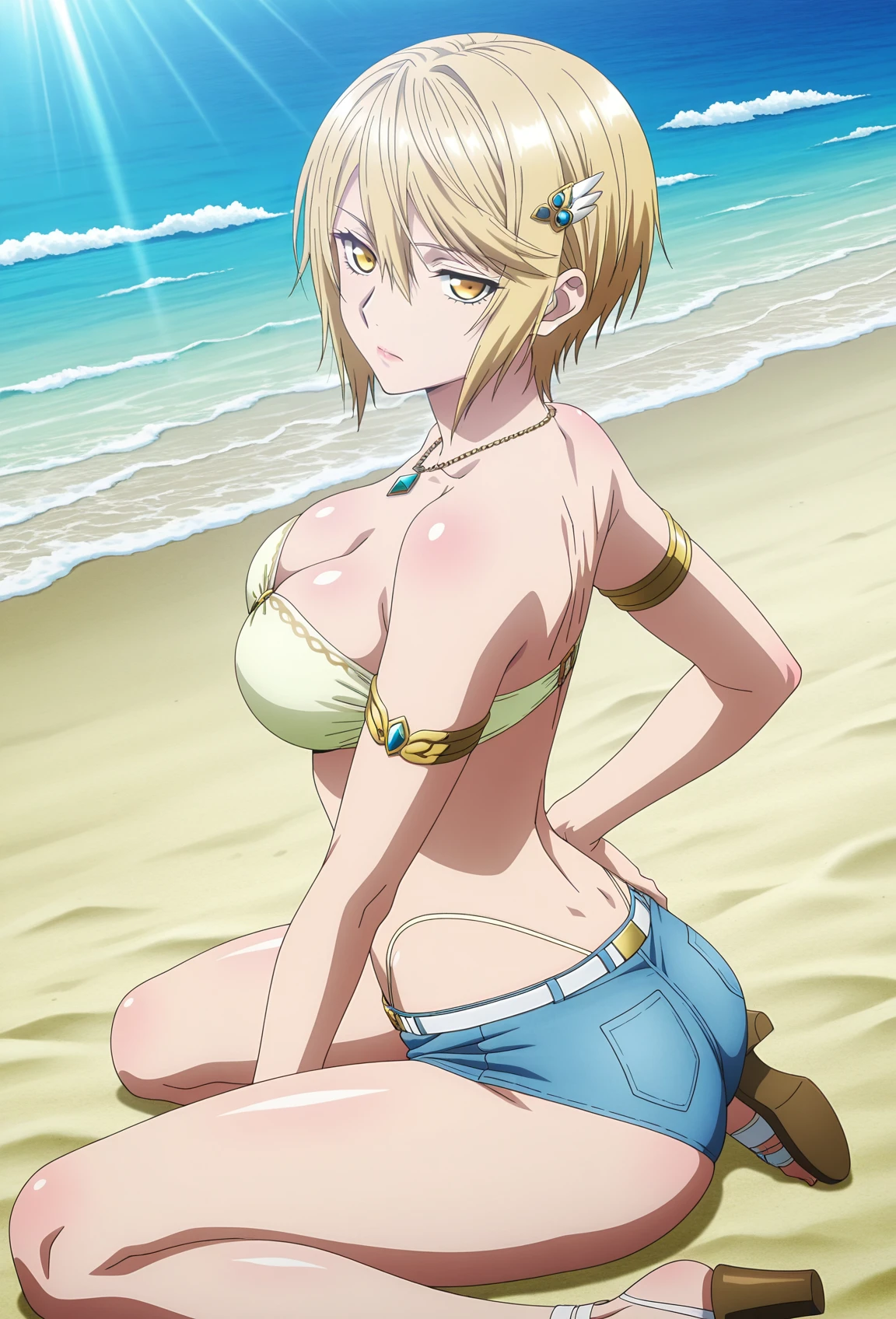 2d anime, woman, Leone from Akame Ga Kill, yellow hair, black bikini, big breasts, belly, thighs, sexy, fair skin, masterpiece, best quality