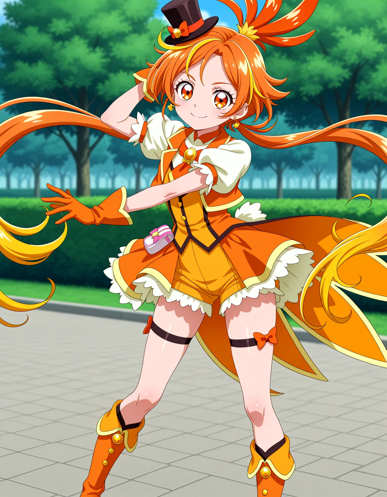 <lora:dmd2-lighting8step_cfg1.5:1>,official style,masterpiece,best quality,newest,very aesthetic,highly detailed,high resolution,absurdres,highres,depth of field,super detailed skin,very awa,Anime,anime coloring,anime screencap,<lora:Cure_Wing__V2:1>,cure wing,solo,orange hair,multicolored hair,ponytail,bow orange eyes,hair ornament,top hat,mini hat,vest,skirt,streaked hair,puffy short sleeves,thigh strap,mini top hat yellow gloves,puffy sleeves,short sleeves,shorts,orange glooves,mini top hat,black headwear,orange shorts,krange gloves,brooch,boots,magical boy,smile,park,posing,