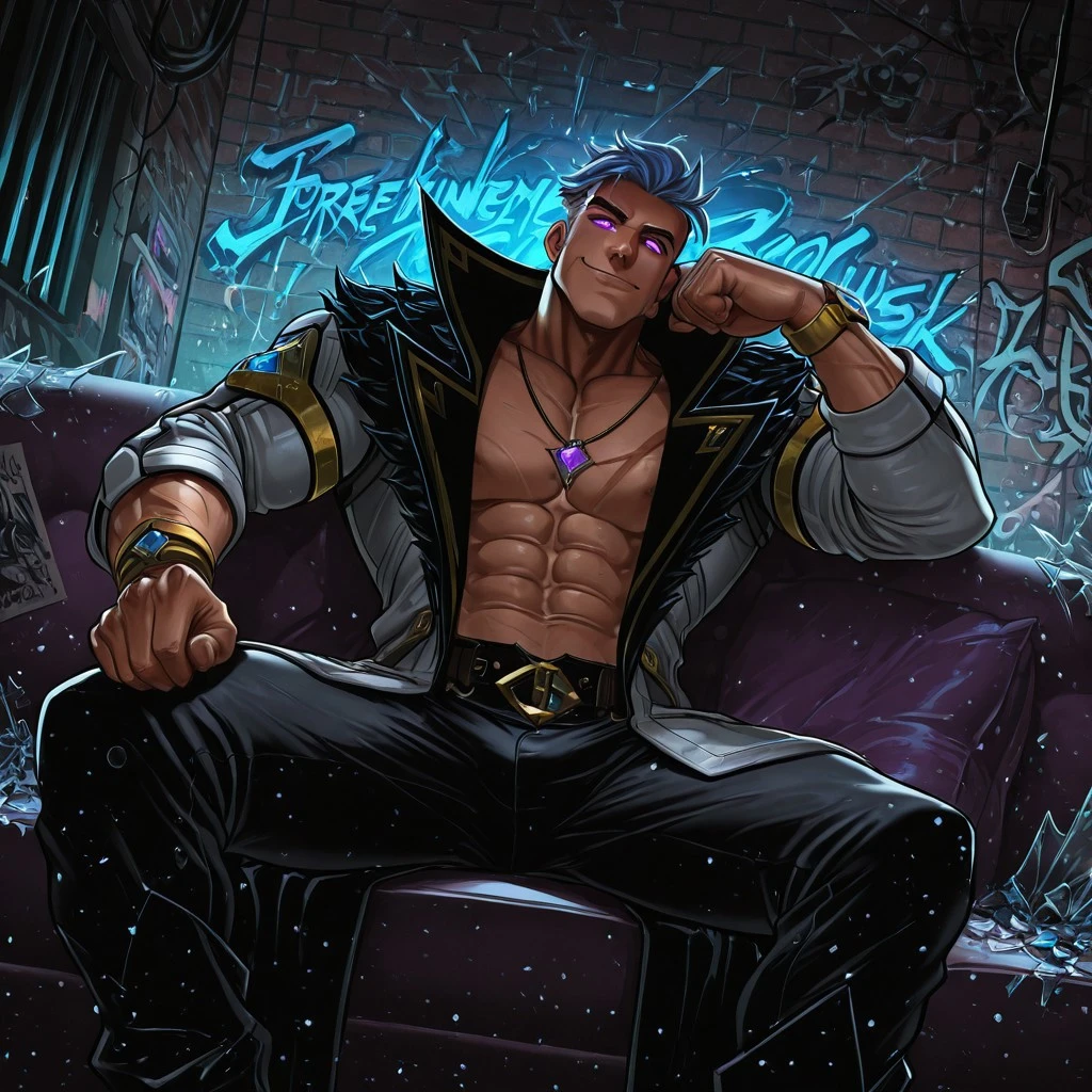 Expressiveh, cheek bulge, head tilt, ((Fredrinn)), gray-blue hair, purple eyes, short hair, coat, male, bara, nsfw, fredrinn, solo, looking at viewer, smile, short hair, purple eyes, 1boy, muscular, abs, bara, thick biceps, thick thighs, big pectorals, necklace, bracelet, scar on pecs,, sitting on couch, jewelry, confident, rude, manly, urban setting, underground style, graffiti, dynamic angle, comic book style, neon accents, glitch effect, violet highlights, halftone patterns, ink strokes, chromatic aberration, glowing eyes, smoke, broken glass, grunge textures, chaotic lighting, cinematic, punk rock aesthetic, rebellious energy, motion blur, film grain, masterpiece, best quality, high detail, cinematic lighting