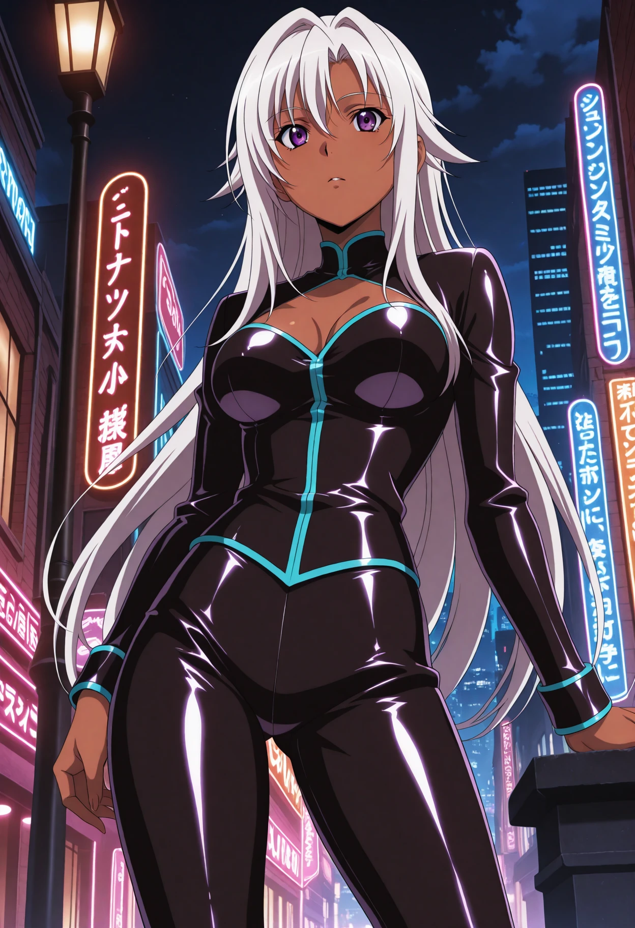 <lora:AnimeChar_8 - [Anime Custom Char] - IllustriousXL v1:1> sysdeep_AnimeChar_8, 1girl, solo, long hair, purple eyes, dark-skinned female, , very long hair, white hair, hair intakes, straight hair, City street corner, tight leather pants, leaning against lamppost, neon lights, anime coloring