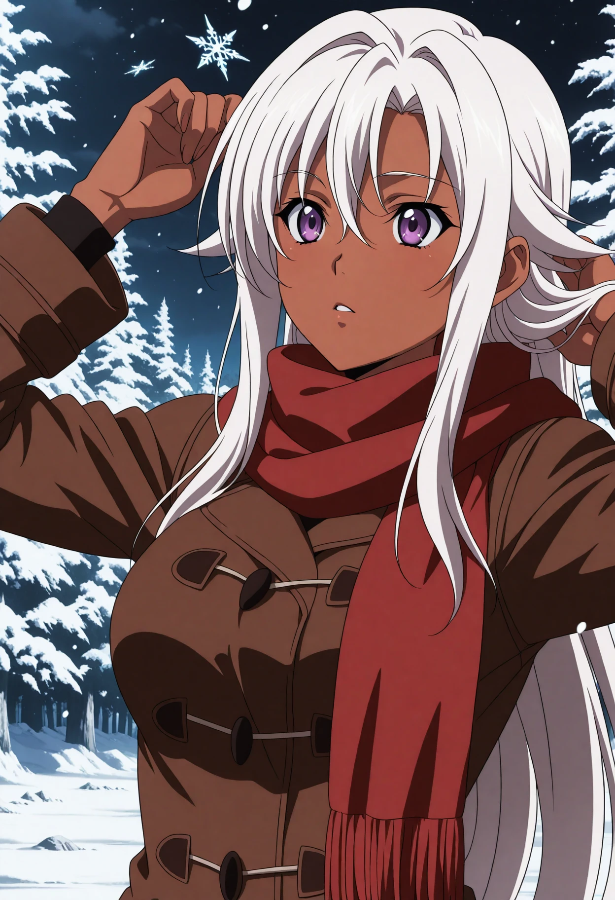 <lora:AnimeChar_8 - [Anime Custom Char] - IllustriousXL v1:1> sysdeep_AnimeChar_8, 1girl, solo, long hair, purple eyes, dark-skinned female, , very long hair, white hair, hair intakes, straight hair, Snowy forest, woolen coat, red scarf, soft snowflakes falling, anime coloring