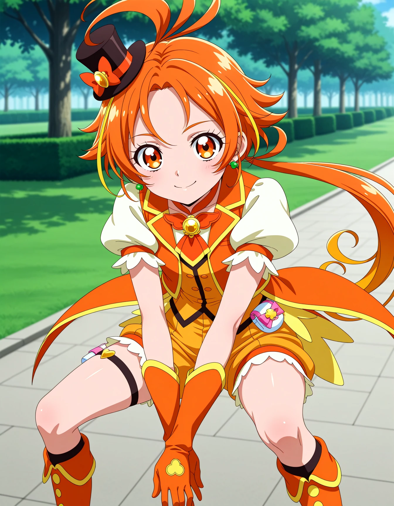 <lora:dmd2-lighting8step_cfg1.5:1>,official style,masterpiece,best quality,newest,very aesthetic,highly detailed,high resolution,absurdres,highres,depth of field,super detailed skin,very awa,Anime,anime coloring,anime screencap,<lora:Cure_Wing__V2:1>,cure wing,solo,orange hair,multicolored hair,ponytail,bow orange eyes,hair ornament,top hat,mini hat,vest,skirt,streaked hair,puffy short sleeves,thigh strap,mini top hat yellow gloves,puffy sleeves,short sleeves,shorts,orange glooves,mini top hat,black headwear,orange shorts,krange gloves,brooch,boots,magical boy,smile,stylish_pose,park,
