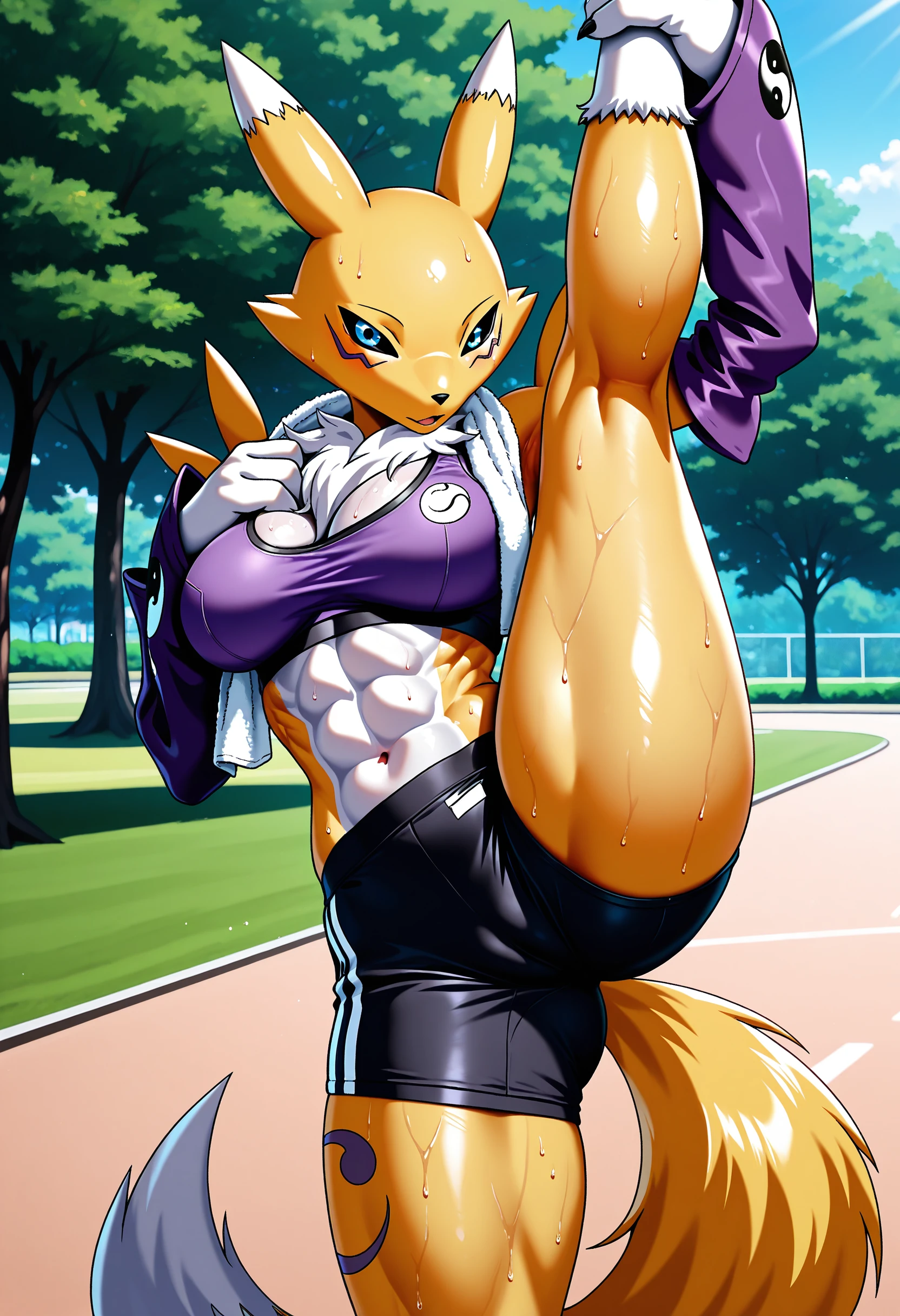 masterpiece, best quality, amazing quality,,1girl,solo, renamon, digimon,standing split, abs,sport bra,sport shorts, park, sweaty, towel around neck,snout, one hand on chest, -Bbmbbf-, 