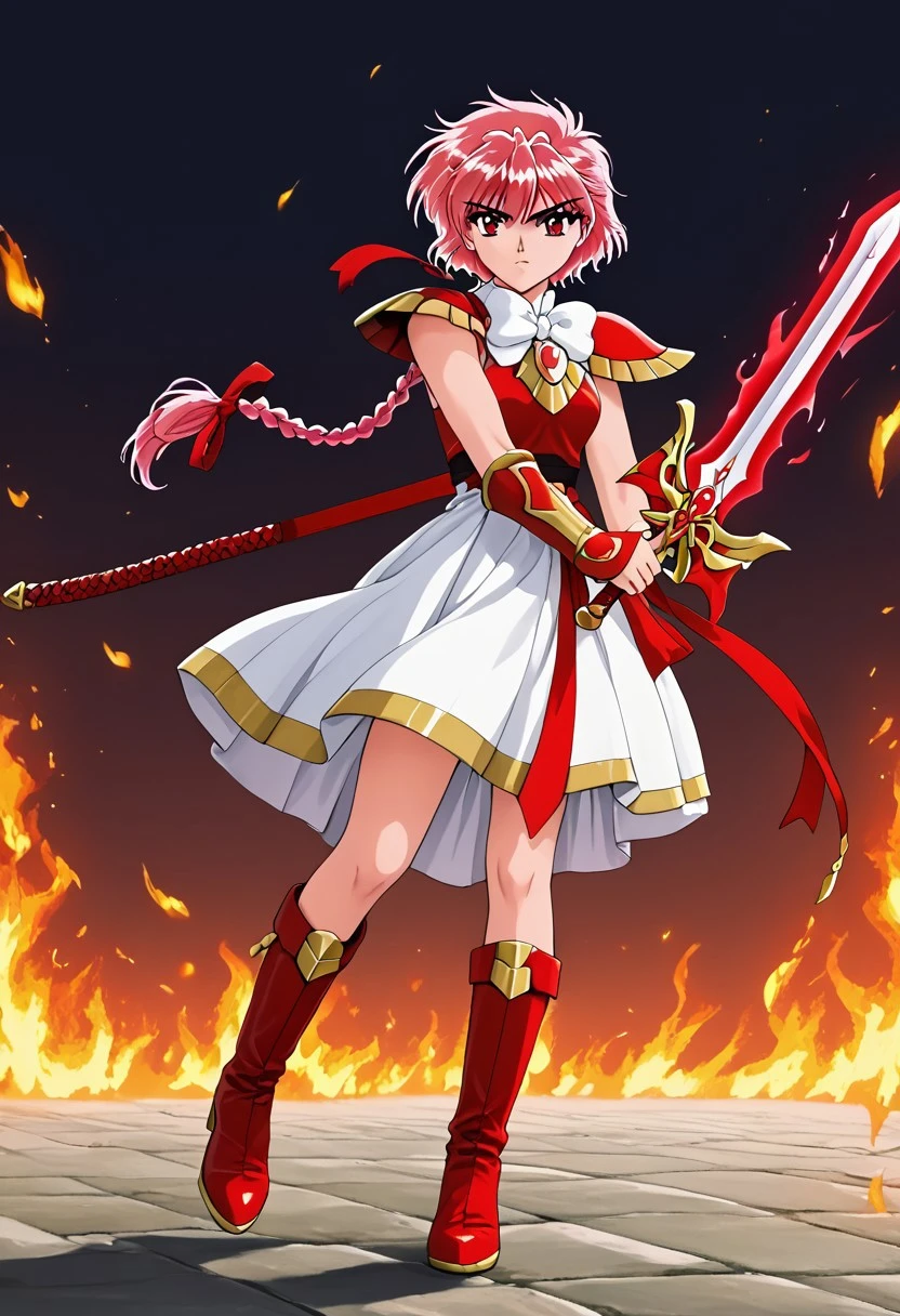 Nfsw, Manga, vibrant colors, detailed line drawing, ornate frame, dynamic composition, [Hikaru Shidou], Magic Knight Rayearth, CLAMP style, 1 girl, determined expression, pink eyes, pink hair, pale skin, intense gaze, slender physique, loose hair partially tied back, 1 long braid, (long, flowing, predominantly white dress, red accents, gold accents, ornate details on bodice, ornaments on sleeves, high collar, puffed sleeves, intricate patterns in fabric, red armor, ruby/sapphire accents, sword with hilt, ornate arm guards/bracers, boots), imposing stance, wielding sword aloft, dynamic pose, flowing dress, hair partially blowing, fiery background, flames enveloping figure, light source above her, suggesting a battle, magical ritual, dramatic lighting, strong contrasts, highlights, shadows, vibrant colors, detailed textures, defined lines, magical aura, vibrant colors, detailed line drawing, ornate frame, dynamic composition, retro style, 90s style, magic knight rayearth, clamp style, [hikaru shidou] solo, upper body, 1 girl, cute face, short hair, red hair, pink hair highlights, 1 braid, very long braid, red eyes, slender body, medium breasts, 1girl, weapon, sword, solo, armor, fire, ribbon, short hair, red eyes, pink hair, boots, red hair, Manga style