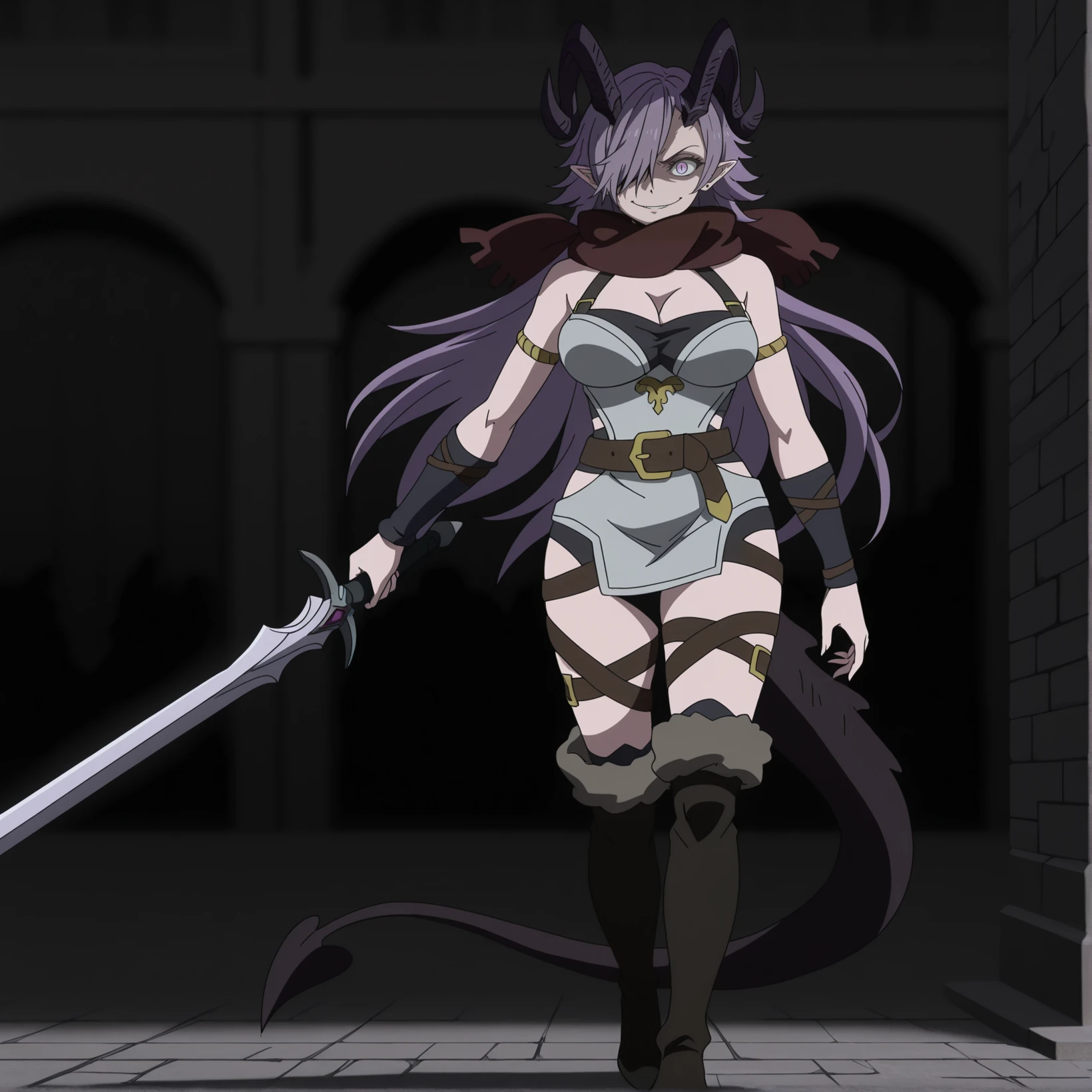 ageha in armor, monstergirl, ageha, weapon, sword, 1girl, solo, animal ears, holding sword, holding weapon, sheath, holding, long hair, gloves, sharp teeth, bangs, tentacles, looking at viewer, hand on hilt, extra pupils, unusual eye, extra arms, standing, jewelry, closed mouth, heavy armor, blunt bangs, by Ray-kbys, in ruins of ancient city, ruins in background