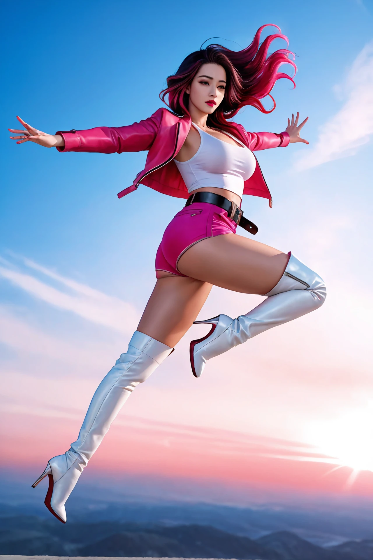 0mib with Selena Gomez theme pink white sexy skirt hot open jacket, background surrealist