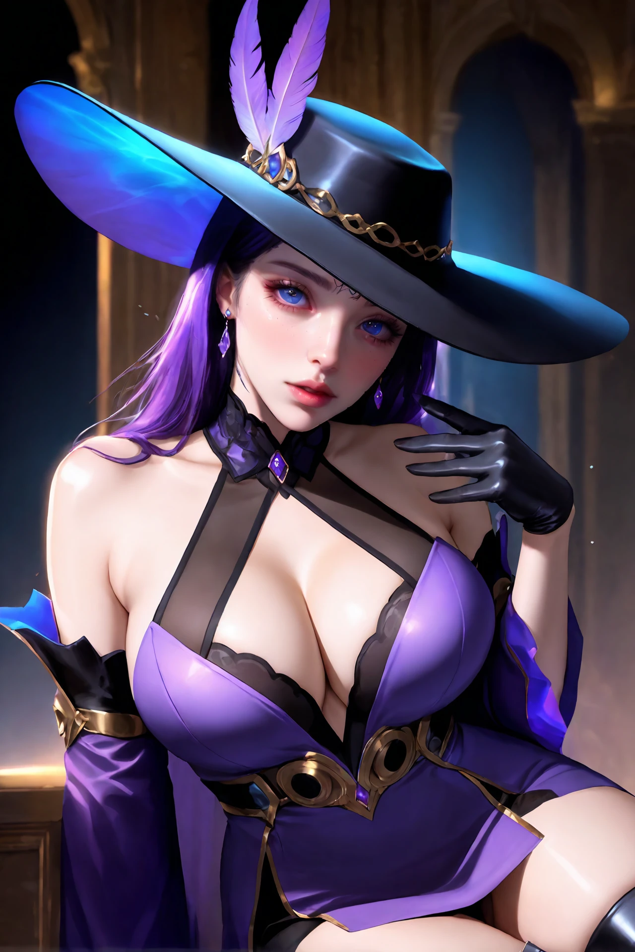 (UHD, retina, masterpiece, accurate, anatomically correct, textured skin, super detail, high details, high quality, best quality, high res, 1080P, HD, 4K, 8k, 16k), (beautiful detailed eyes, beautiful detailed lips, extremely detailed eyes and face), soft lighting, physically-based rendering, vivid colors, (((large breasts:1.6))), (witch hat, black robe, pendants), (portrait, shiny hair, shiny skin, blush), (witch forest, bokeh), eye reflection, (smirk:1.5), (purple hair:1.2), (((fire magic:1.37))),