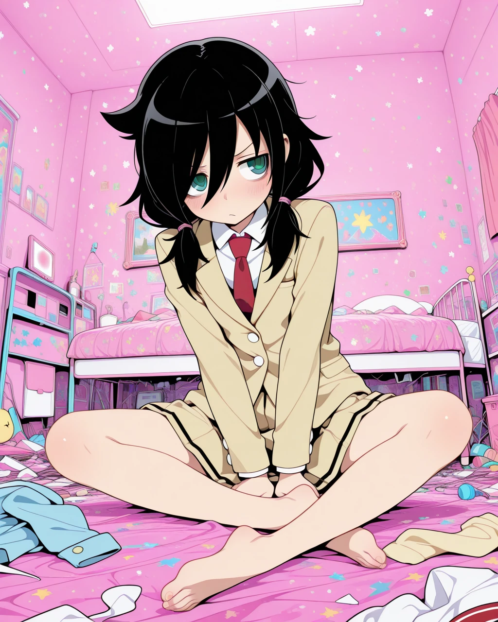 1girl, masterpice, high quality, best quality, good body, good hands and fingers, official art, (solo), <lora:tomoko_kuroki-09:0.7>, hair over one eye, bags under eyes, watamote, tomoko, school uniform, yellow jacket, school room, sexy, spread legs, black panties, (NFSW)