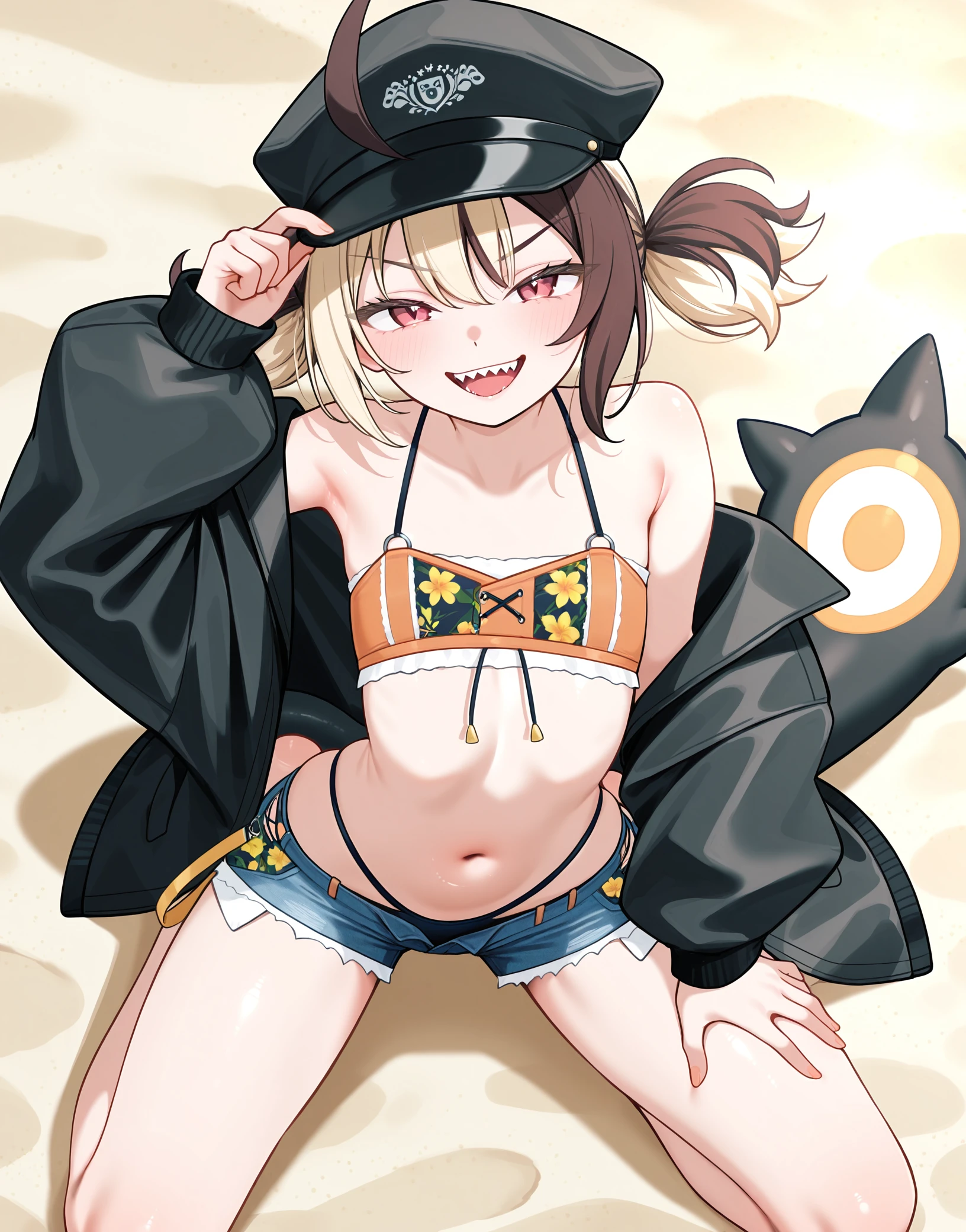 best quality, masterpiece, 1 mechanic girl, smiling, (wearing bikini-top, khaki cargo pants:1.4), gloves, (light brown ponytail hair with bangs:1.3), (sweating a lot:1.4), (contrapposto:1.3), factory, (small breast, cleavage, underboob:1.2)