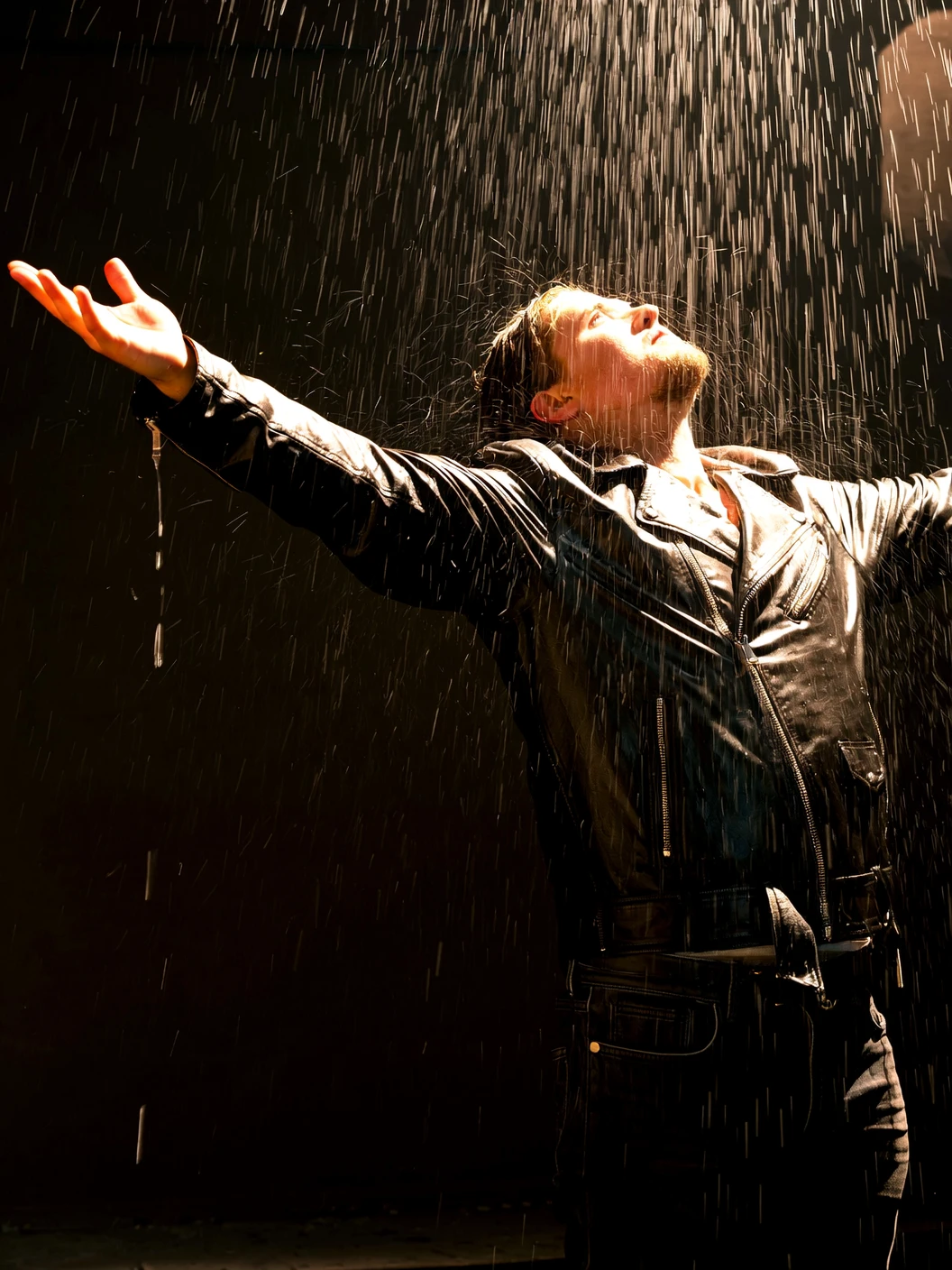 Cinematic photo. A man standing in the rain with his arms stretched out wide, looking up towards the sky. He is wearing a black leather jacket and black pants. The rain is cascading down heavily, creating a dramatic effect. The lighting is dramatic, highlighting the man's body and the texture of his leather jacket. The background is dark, with a spotlight shining on him, casting a warm glow on his face and body. The overall mood is one of awe and wonder.