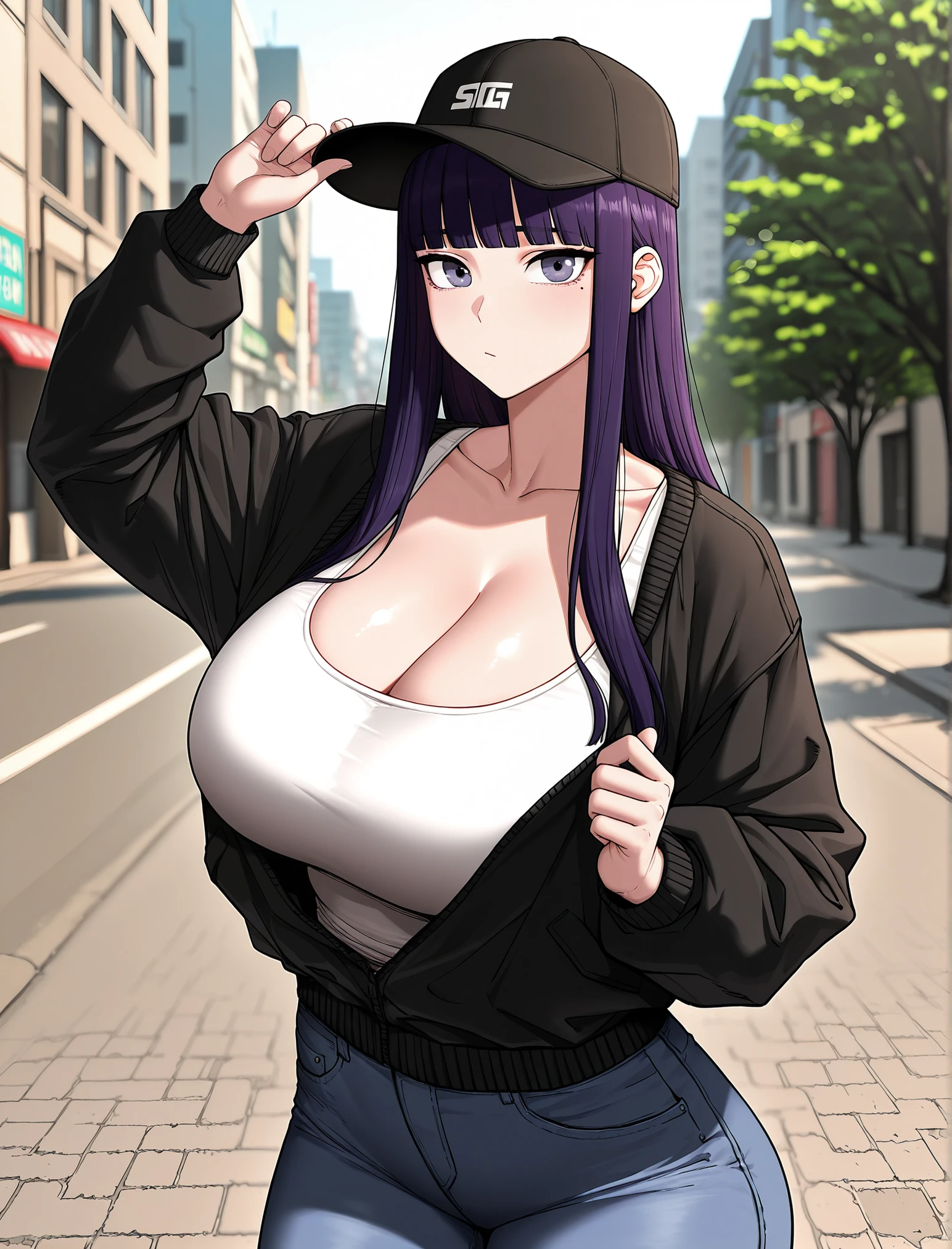 Asuna yuuki,sao anime style asuna \(sao\), 1girl, brown eyes, bright purple hair,Big breast,Fake big breast,Sculpted calves,Wide hips,Big ass,Tight tights,scoop Cleavage, Skindentation,Long thick Wavy hair,tank top with cleavage,mono color outfit,vertical hoop earring,Dog tag necklace,multistrand necklace,((Solo)),((1girl)),Mature,Curvy figure,Swaying hips,Heels,Confident walk,eyelash,Bare leg,Light blush,Thick lips,Half eyes open expression,Calm expression,Red light district,Blunt bang hair,Body facing viewer,High quality,tattoo with image of Laughing coffin mark,laughing coffin guild,Bright purple hair,Lowrise jeans,Open navel,Symetrical bang,Standing,1hand in hips,Tanned skin,Colorless lips,Thick lips