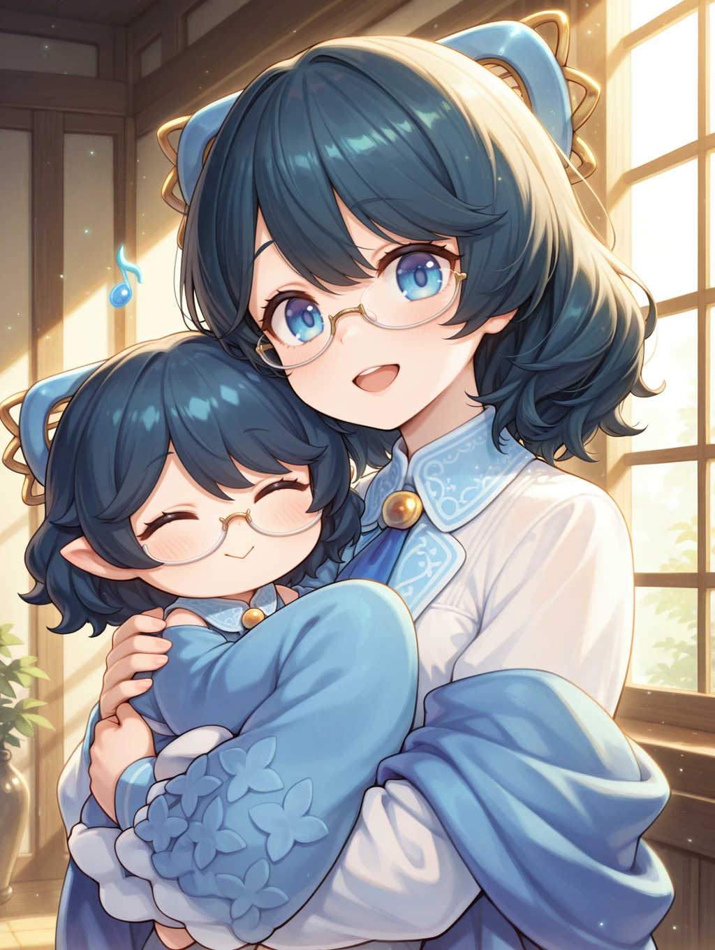 smile, closed eyes, 2girls, open mouth, looking at viewer, carrying, upper body, blush, closed mouth, :>, musical note, misolfachord eliteia, hair ornament, white under-rim eyewear, blue necktie, blue shawl, white collared shirt, eliteiach, minigirl, barefoot, floating, blue japanese clothes,
masterpiece,best quality,amazing quality,very aesthetic,absurdres,newest,scenery,extreme detail,8k,light particles,soft lighting,volumetric lighting,intricate details,finely detailed,<lora:MiSolfachord Eliteia illusXL v1:0.73>,