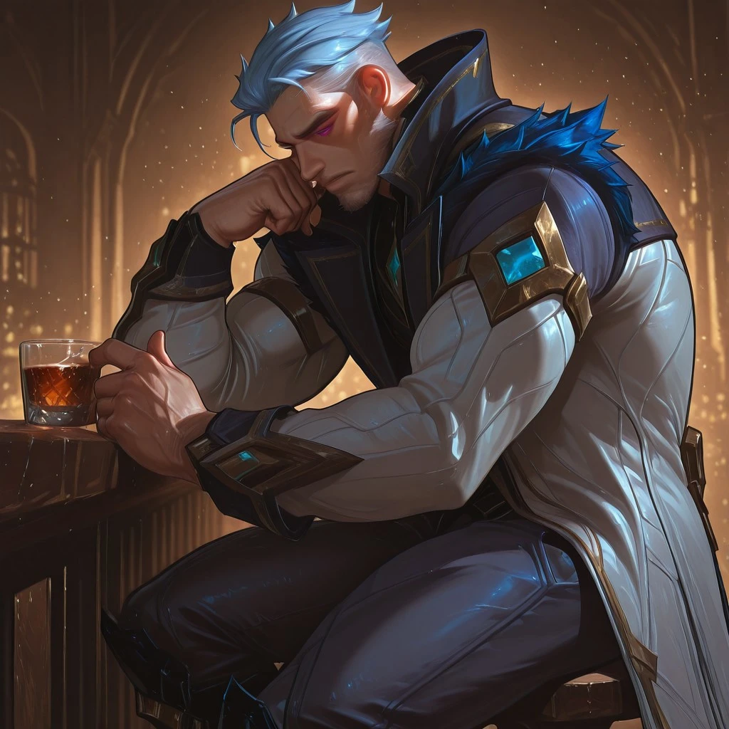 ((Fredrinn)), gray-blue hair, purple eyes, short hair, coat, mature male, bara, Fredrinn from Mobile Legends, sitting on a barstool, holding a glass of whiskey with his fingers, one elbow resting on the counter, side view, from the point of view of a nearby customer, dim bar lighting, masculine pose, stylish outfit, cinematic angle, highly detailed, dramatic shadows, low light mood, fantasy male character,