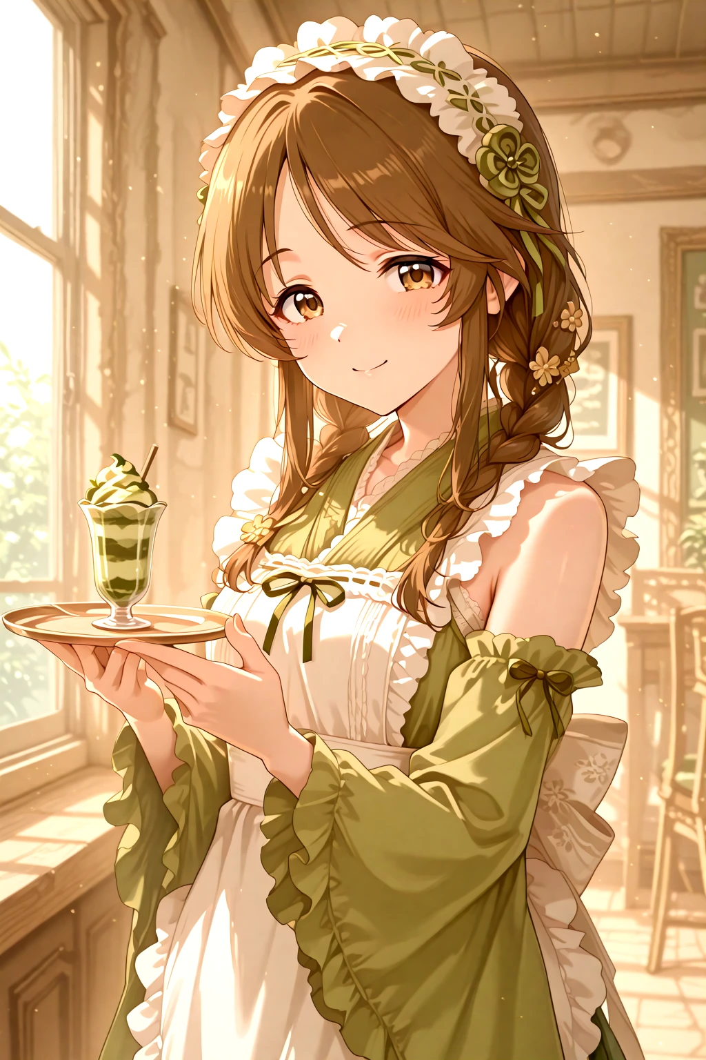 masterpiece, best quality, amazing quality, 1girl, solo, makeup, general, cowboy shot, looking at viewer, blush, dramatic angle, smile, cafe, indoors, fancy, blush, lovely, window, sunlight, holding tray, matcha parfait, hands up, <lora:Takamori_Aiko_Cinderella:1>, Takamori_Aiko_Cinderella, long hair, brown hair, brown eyes, sidelocks, straight hair, twin braids, <lora:MatchaCore_Miku_Matcha_Green_Tea_Parfait_Dress:1>, MatchaCore_Miku_Matcha_Green_Tea_Parfait_Dress, frills, japanese clothes, green kimono, frilled kimono, green dress, wide sleeves, green sleeves, wa maid, maid headdress, hair ornament, maid apron, white apron, frilled apron, ((detached sleeves)), frilled sleeves, ribbon, bow, back bow, hair flower, <lora:wai-A3-V140:1>, <lora:illustrious_noobai_epsilon_pred_1_masterpieces_v1:1>