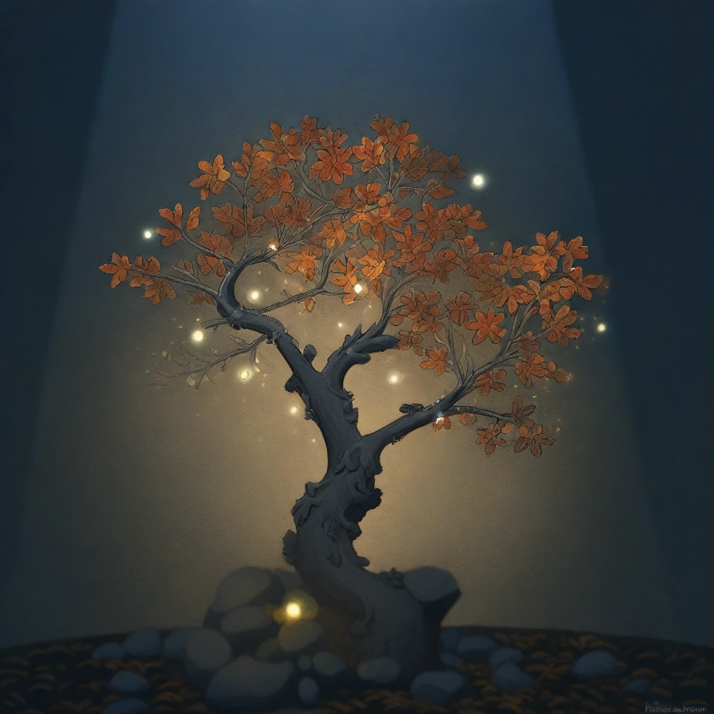 musky forest , some rock , night, a very artistic bonsai, silver Roots, silver Trunk, silver Branches, [autumn leaves:blue gems], fireflies, masterpiece,  amazing quality, very aesthetic, hdr, light particles, intricate details, 8k, ambient occlusion, blurry foreground, branches in foreground, depth of field,  high resolution, dappled light, (lens flare),   spotlight, animals on the branches