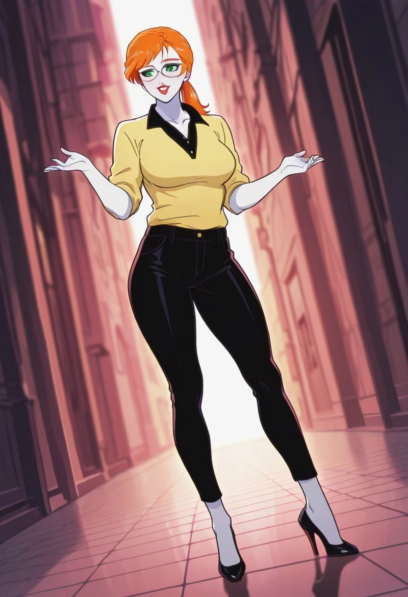 ChrysalisTateMC, 1girl, solo, pale skin, orange hair, ponytail, bangs, glasses, green eyes, eyeshadow, makeup, full lips, red lipstick, yellow shirt, black collar, rolled up sleeves, large breast, thick thighs, black pants, shoes, high heels, without socks,
masterpiece, best quality, fine details, intricate details, depth of field, subsurface scattering, bokeh, ultra-detailed, very aesthetic, detailed background, newest, scenery, highres, absurdres, colorful, vibrant, glowing, perfect face, 2d, perfect eyes, vibrant saturated colors, volumetric lighting, sharp, detailed eyes, perfect anatomy, perfect face, perfect eyes, mature body, clear eyes, beautiful eyes, athletic, curvy body, athletic girl, perky tits, perfect tits, round breasts, pinup pose, teasing, lustful expression, perfect hands,
muscular female, dutch angle, dynamic pose,
,Smooth Negative, Smooth_Quality,