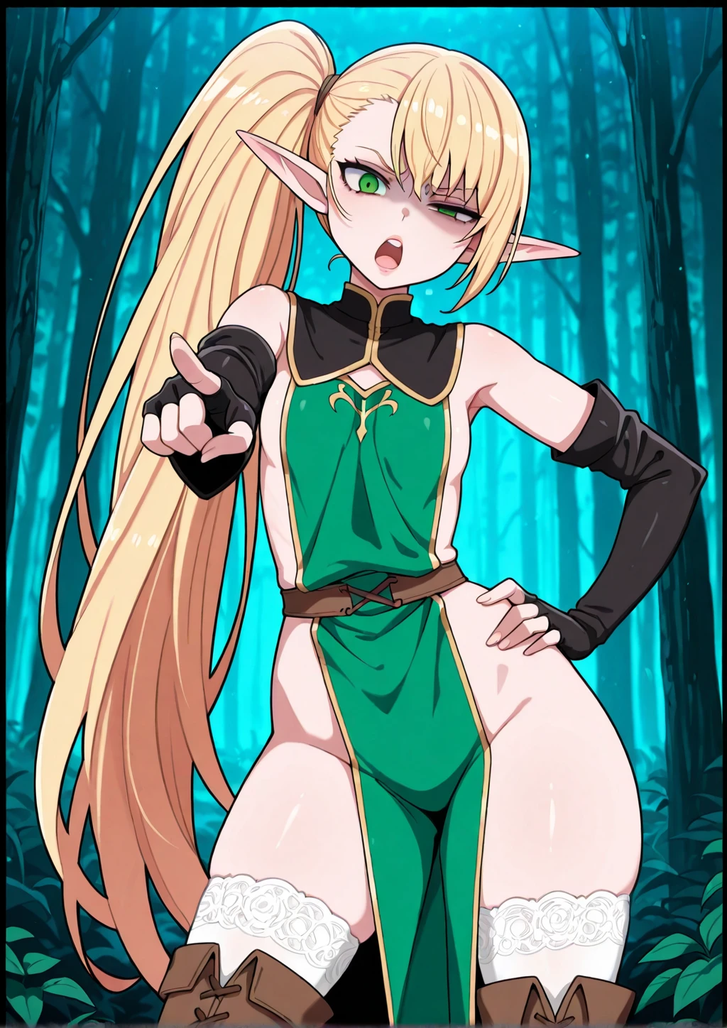masterpiece, best quality,<lora:Fey_Fandeltales-000019:0.55>,
Fey_Fandeltales , green hair bow, bangs, 1girl, solo, orange eyes, blonde hair, long hair, (armor, ponytail, shoulder pads) , parted bangs, small breasts,
bare arms, (topless, exposed breasts, torn clothes, Ahegao, looking at viewer :1.4 ), (green skirt), ( corneo_cowgirl ) , earrings, cave, fantasy world, looking at viewer, (open mouth) , thick outlines, clean outlines, posing, cartoon